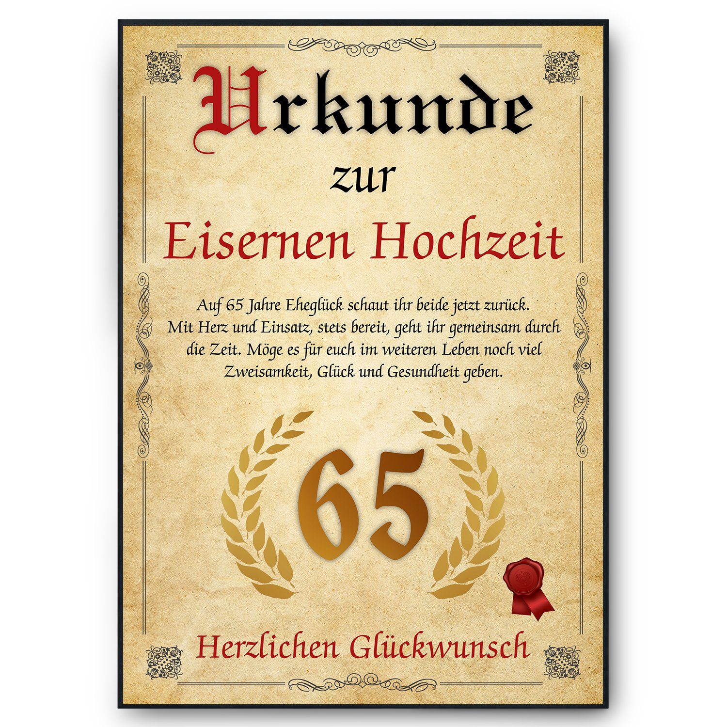 Tigerlino Poster Urkunde zum 65. Hochzeitstag Geschenk 65. Jahrestag Karte Ehepaar, Eiserne Hochzeit