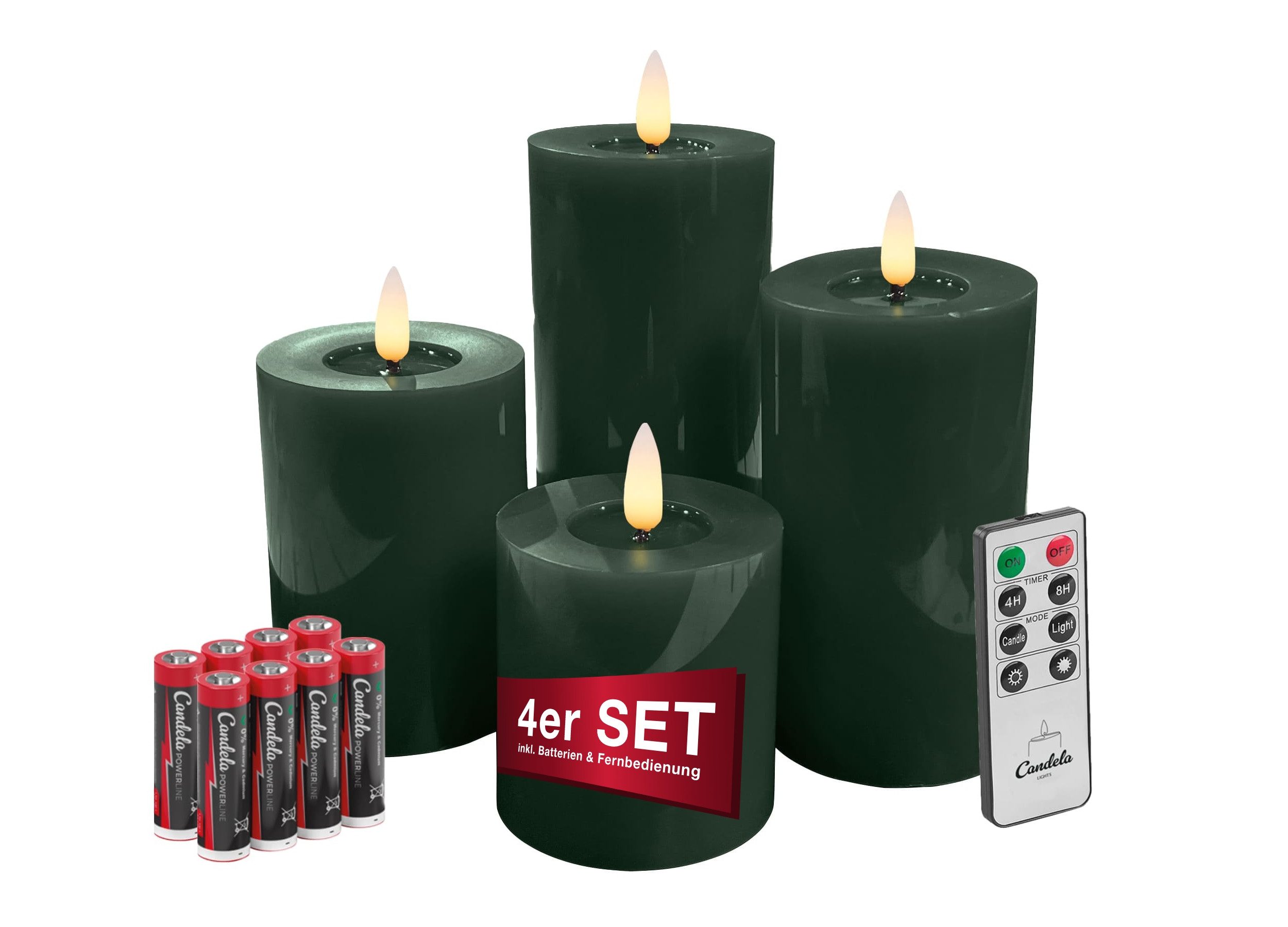 LC Home LED-Kerze Candela Lights LED Kerzen Echtwachs 4erSet mit Fernbedienung Batterien (Komplett-Set), LED Kerzen mit Timerfunktion Fernbedienung Dimmbar