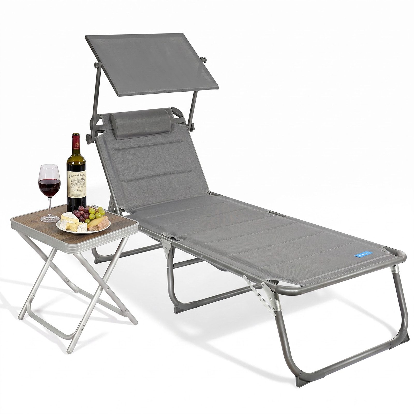 HOMECALL Gartenliege Große Sonnenliege mit multifunktionaler Beistelltisch AluLiege, Strandliege Liegestuhl Klappstuhl mit Sonnendach, Textilene Mit Dickemschnelltrocknende, Schaumstoffpolsterung, Kopfstütze und verstellbarer Rückenlehne, bis 180 kg