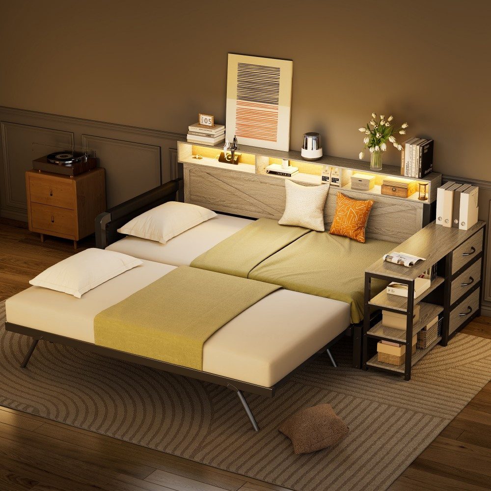 Ulife Schlafsofa Metall-Schlafsofa 90x200 m. Ausziehbett, USB & LED (Schwarz), schwarz