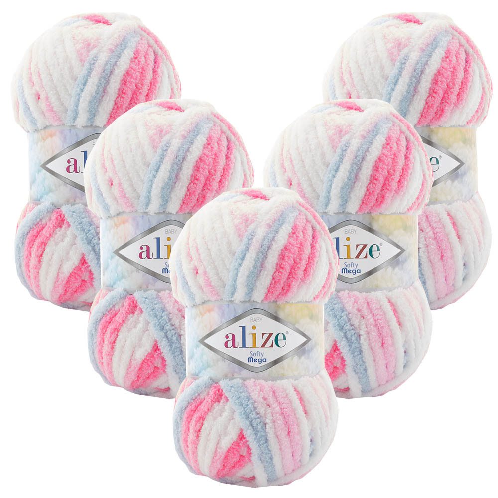 Alize 5 x ALIZE Softy Mega Häkelwolle, 70 m, Babywolle, flauschig,Plüsch,bulky,weiches Garn