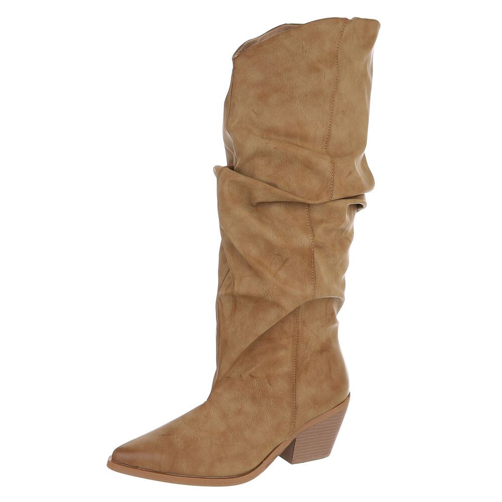 Ital-Design Damen Cowboystiefel kniehoch mit Blockabsatz Westernstiefel (92125404) Blockabsatz Stiefel in Hellbraun