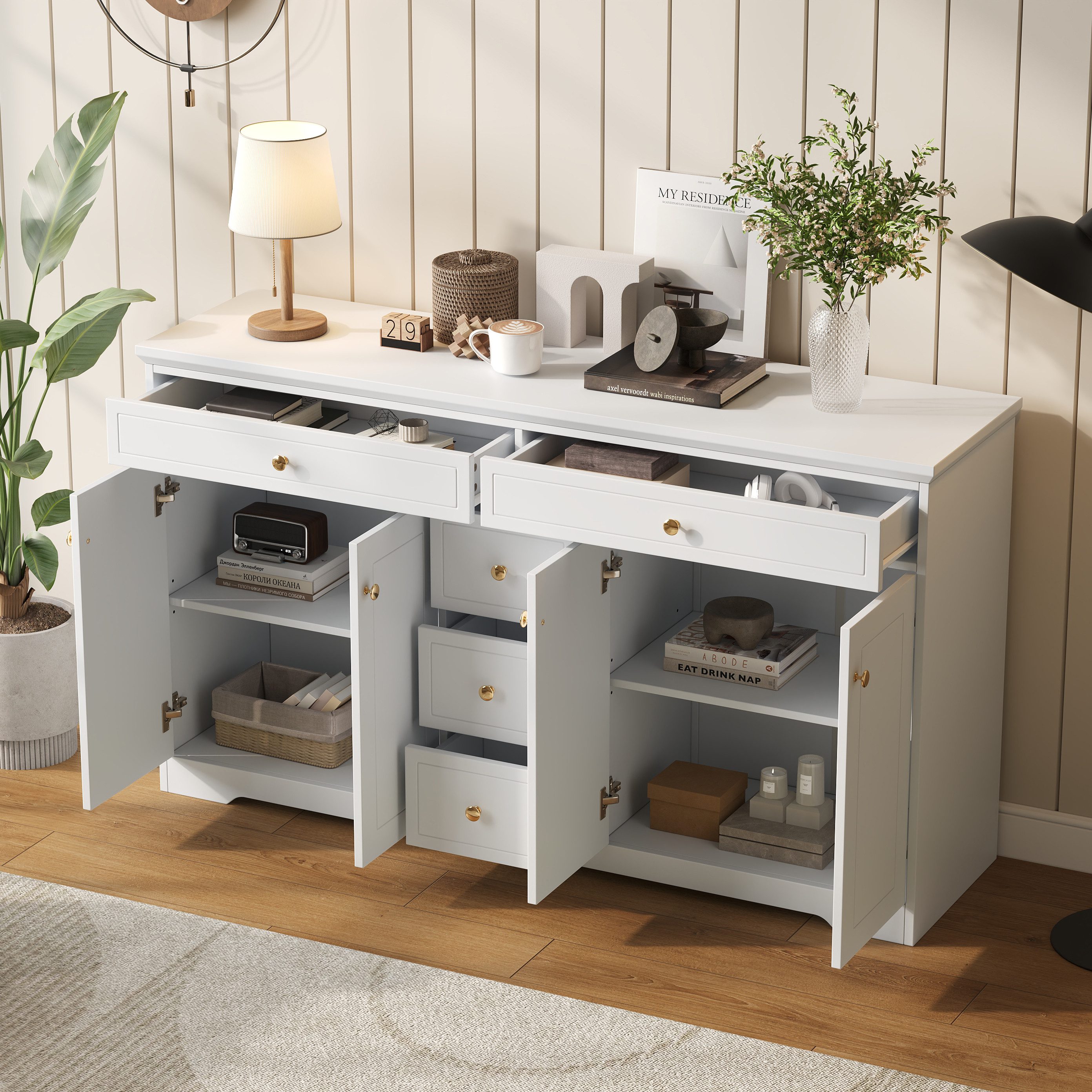 Merax Sideboard Buffetschrank Anrichte in Weiß-Gold-Design günstig online kaufen