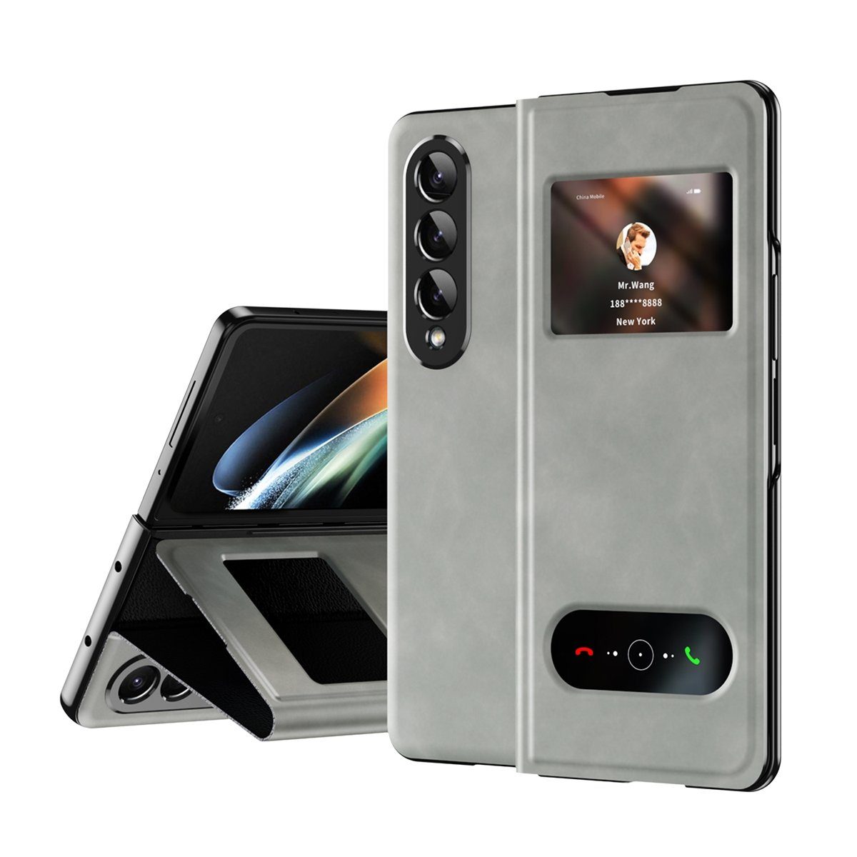 Wigento Handyhülle Für Samsung Galaxy Z Fold4 5G Window View Flip Cover Kunstleder Handy Tasche Hülle Etuis Grau