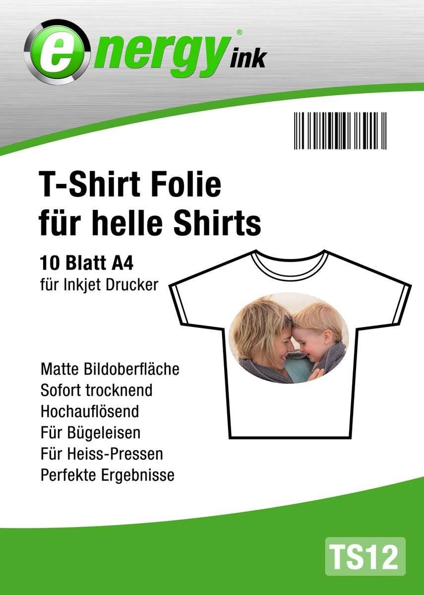 Energy-ink Fotopapier TS12, T-Shirt Folie A4 - 10 Blatt Bügelfolie für helle Textilien