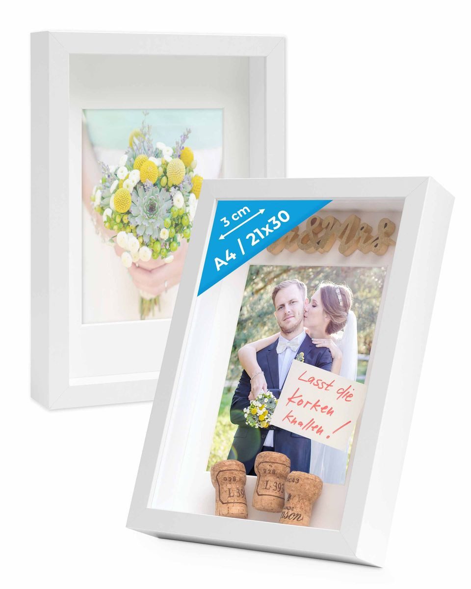 PHOTOLINI Bilderrahmen 2er Set 3D-Objektrahmen tief zum Befüllen mit Glasscheibe, für 2 Bilder (2er Set), tiefe Rahmen A4 21x30 cm mit Passepartout für Objekte bis 3 cm Tiefe