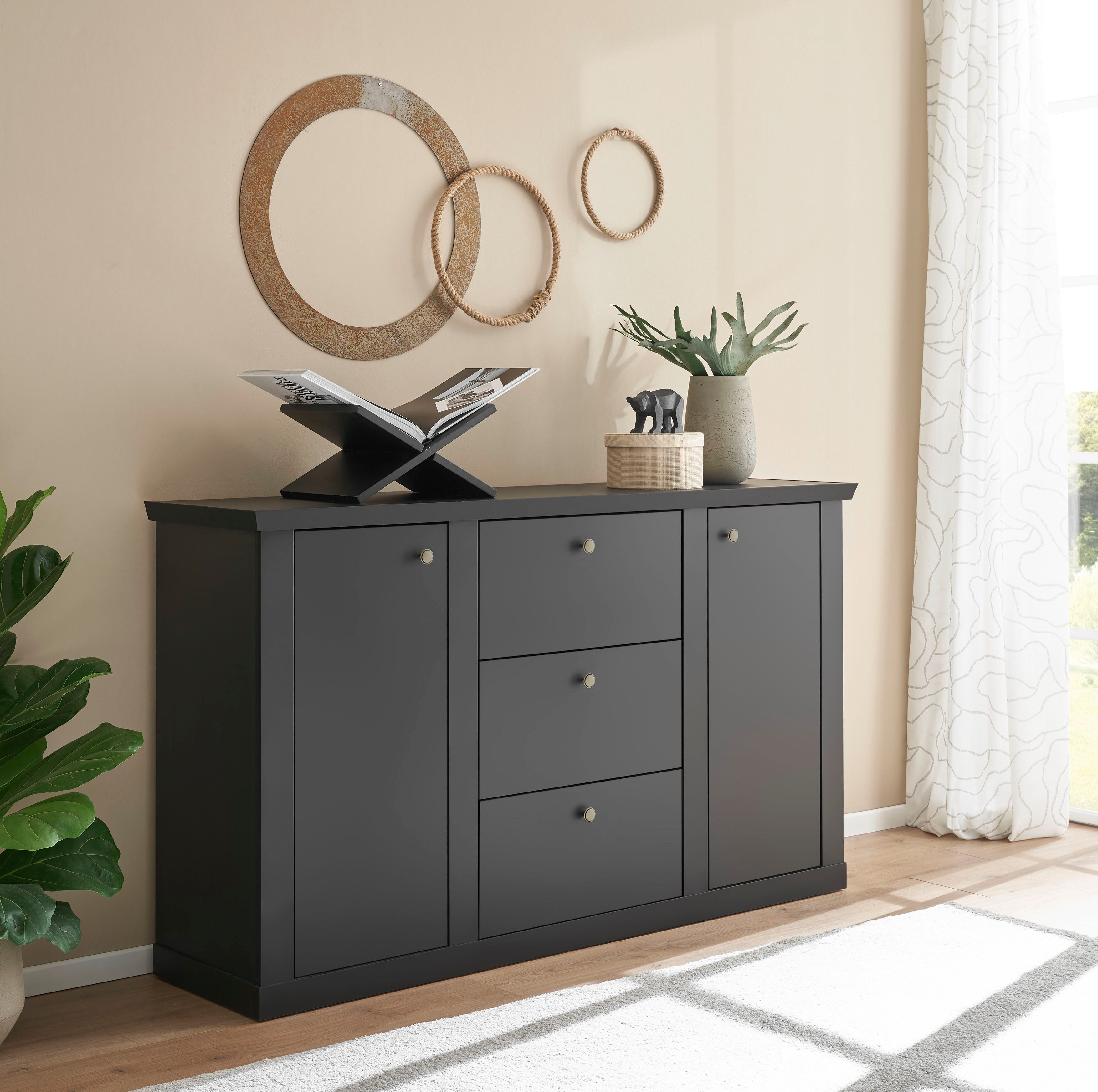 Home affaire Sideboard Lincoln, moderner Schrank, schwarze Kommode, 158 cm breit, edles Design, messingfarbene Knopfgriffe, in 2 Größen verfügbar
