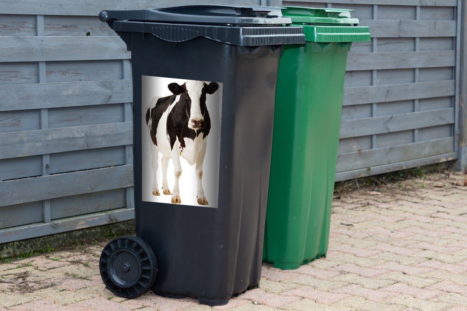 Tiere Sticker, Wandsticker - St), Mülleimer-aufkleber, - (1 Abfalbehälter - Weiß MuchoWow Kuh Schwarz Container, Mülltonne,