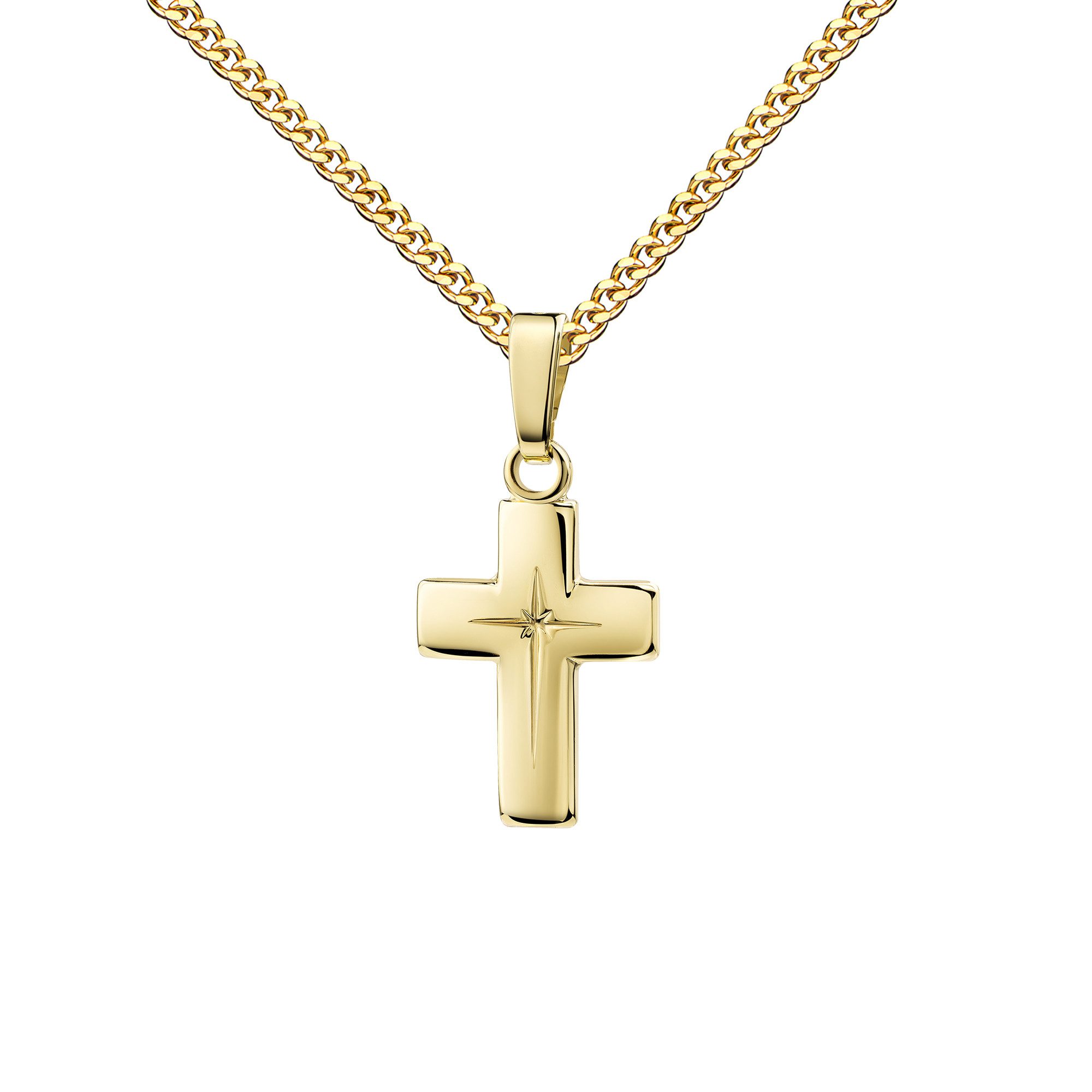 JEVELION Kreuzkette kleiner Kreuzanhänger 585 Gold + Kreuzgravur - Made in Germany (Goldkreuz, für Damen und Kinder), Mit Kette vergoldet- Длина wählbar 36 - 70 cm oder ohne Kette.