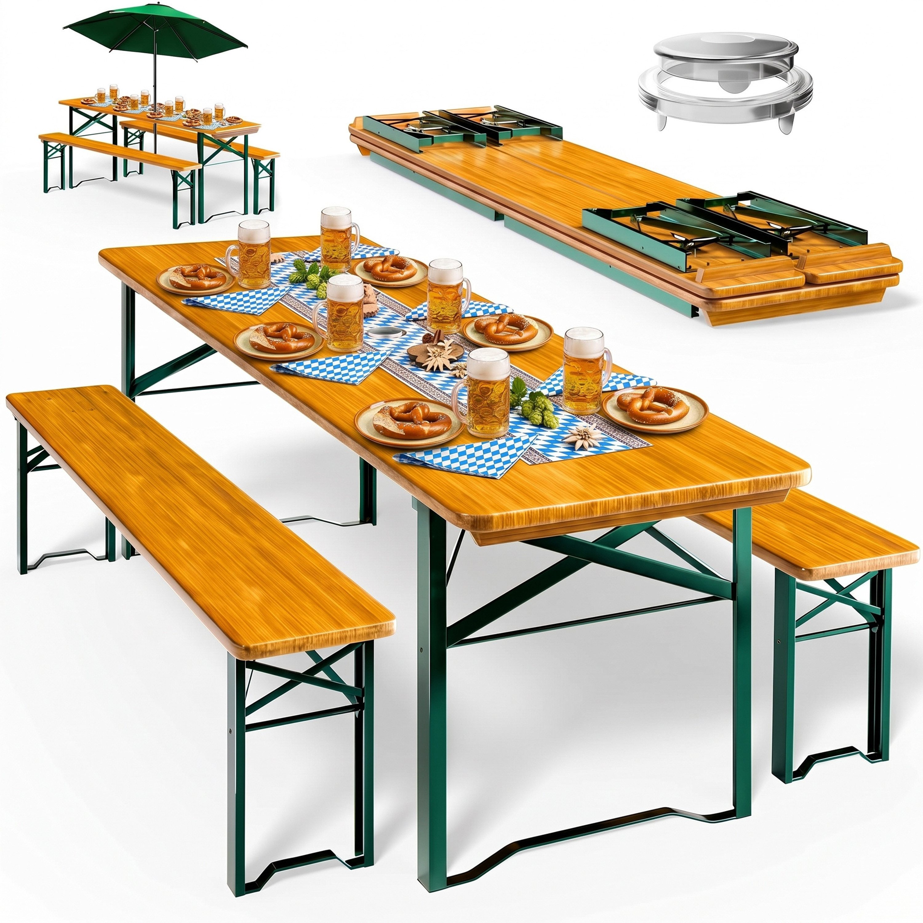 Casaria Bierzeltgarnitur, (3-tlg), 170cm Klappbar Stabil 3 Teilig 2x Bierbank 1x Breiter Tisch Holz
