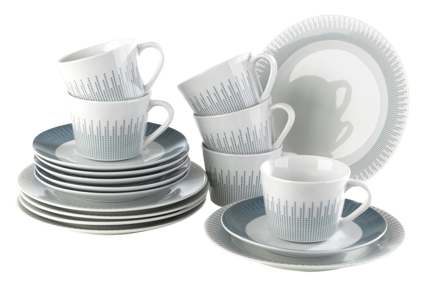Home4You Kaffeeservice, Weiß, Blau, Grau, graphisches Muster, (18-tlg), 6 Personen, Porzellan, Spülmaschinengeeignet