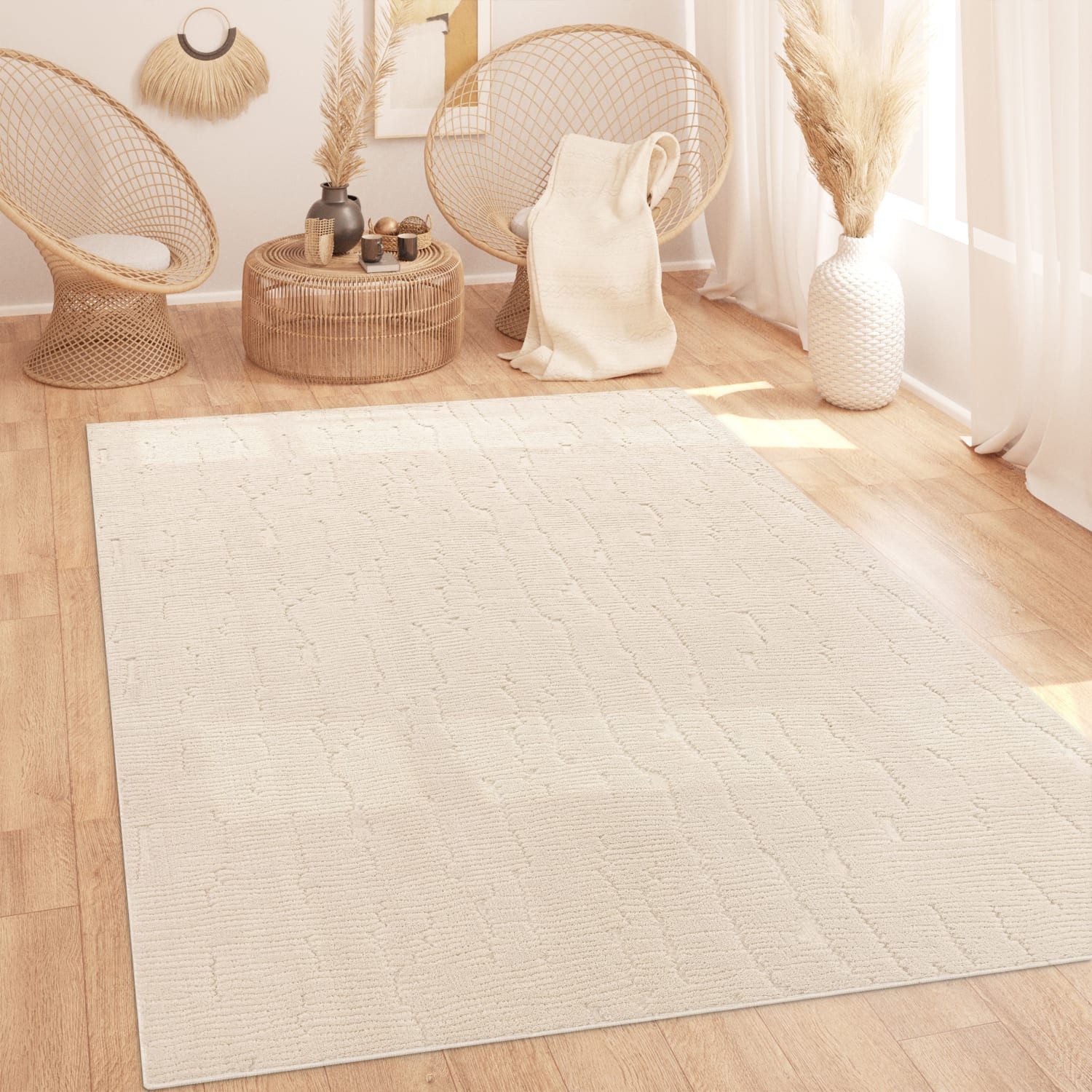 KADIMA DESIGN Teppich waschbar Struktur Wohnzimmer schmutzabweisend Teppich Kurzflor, Läufer, Höhe: 16 mm, Florhöhe: 12 mm, 100% Polyester, Läufer, 80x150cm, Creme