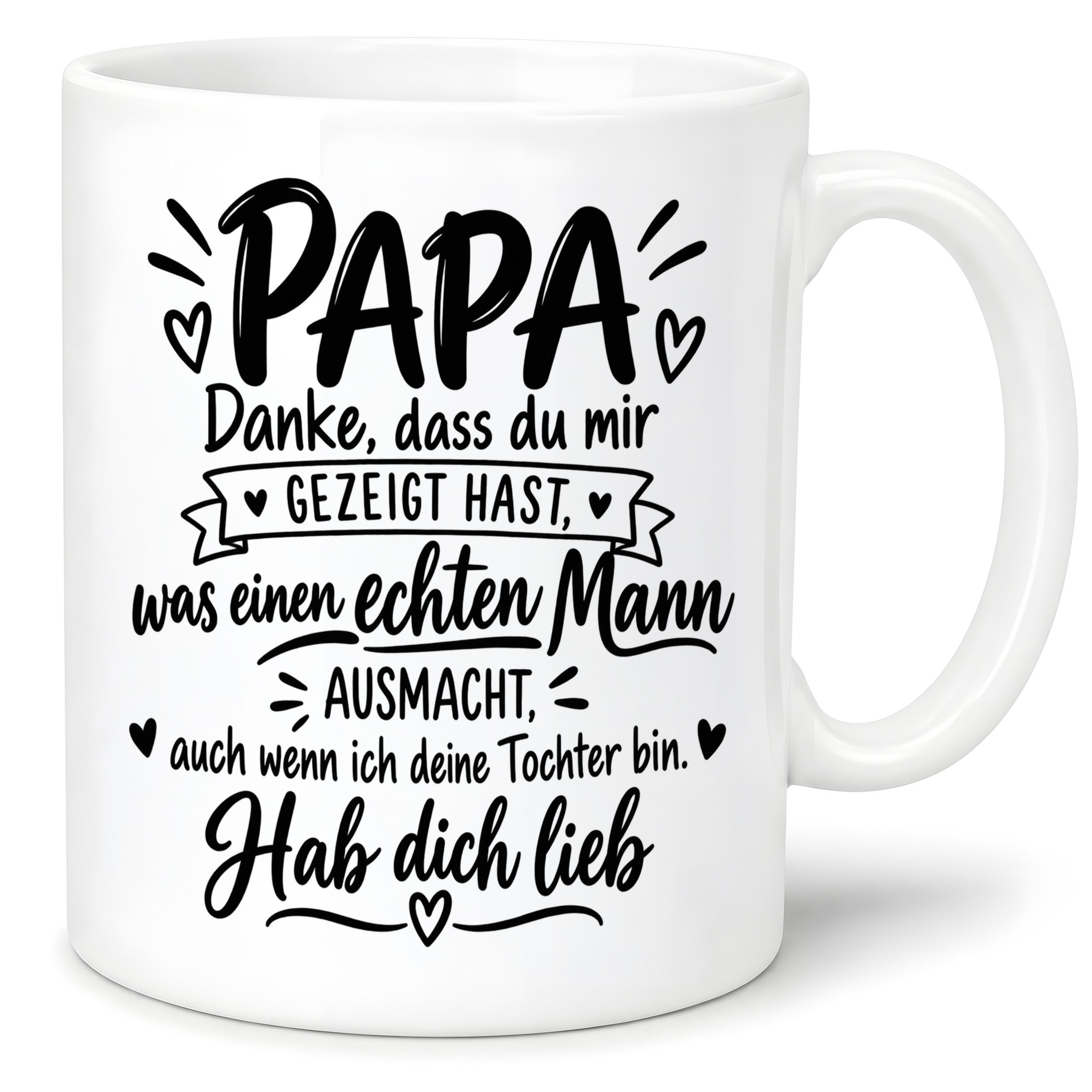 Herzbotschaft Tasse Papa Geschenk von Tochter Danksagung Tochter an Papa, mit Spruch, beidseitig bedruckt, spülmaschinenfest mikrowellengeeignet