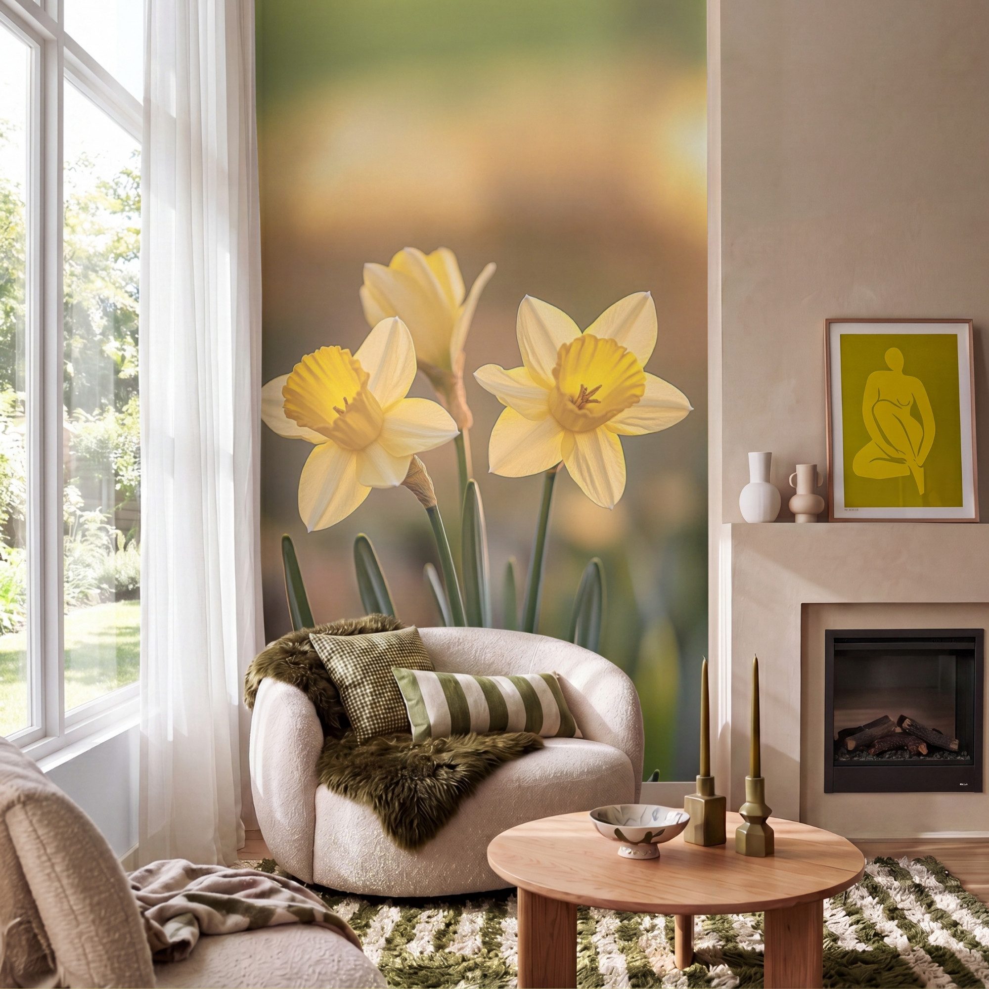 OnlyWow Fototapete Blumen - Gelb - Unscharf, Matt, bedruckt, Wandtapete, bedruckt, Schlafzimmer 120x200cm