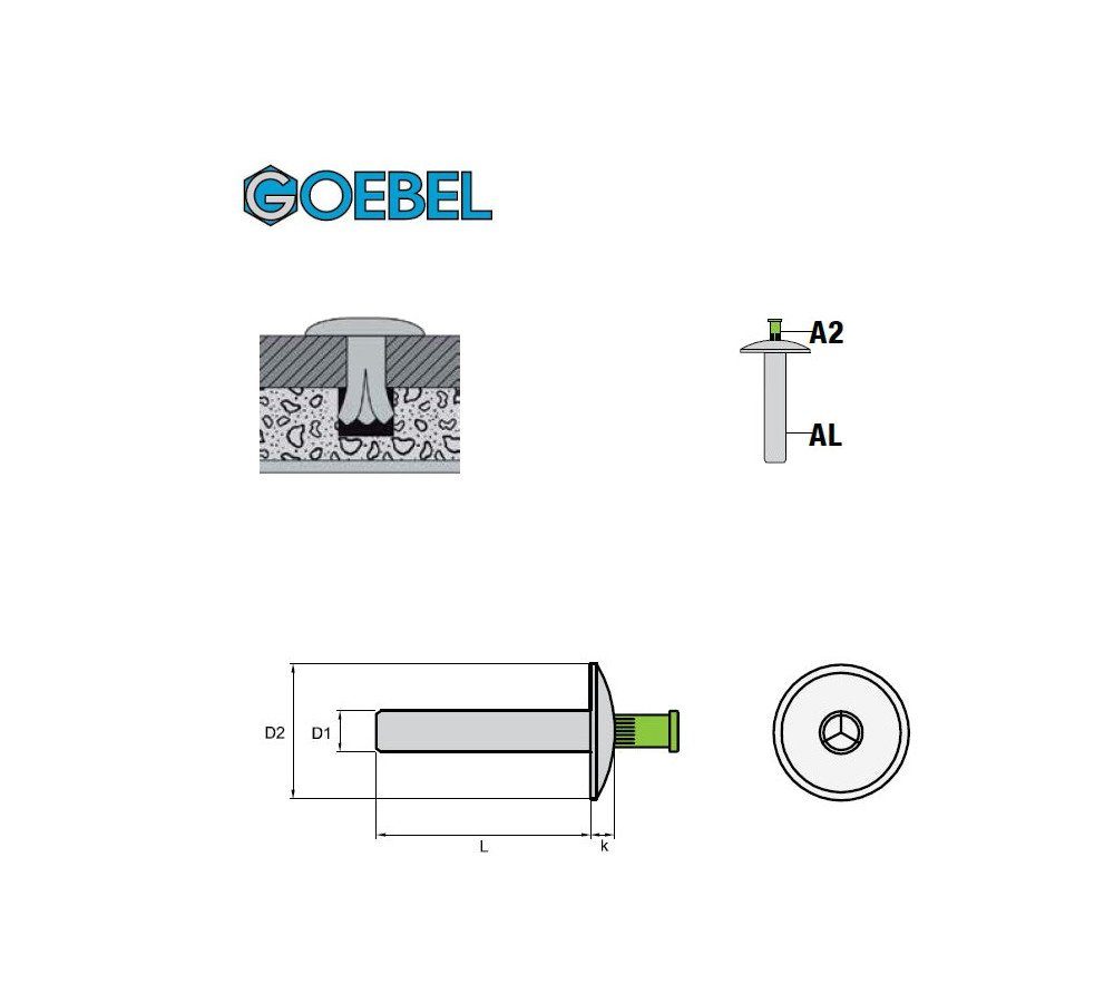 GOEBEL GmbH Blindniete 6060648160, 4,8 / 250 - mm, HAMMER Edelstahl (250x - Flachkopfschlag-Blindniete Aluminium A2-V2A 16,0 St., Hammerschlagblindniete Niete), x