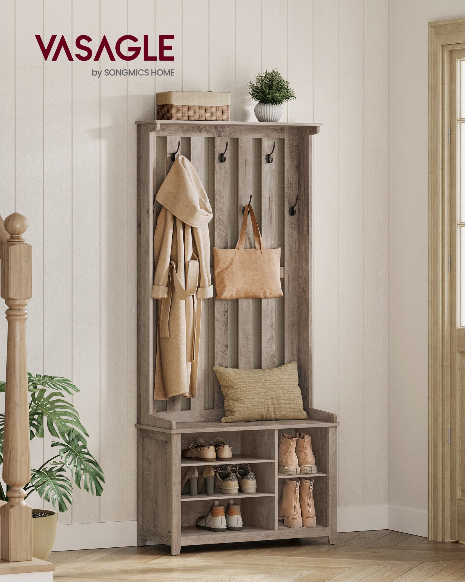 VASAGLE Garderobenständer Garderobe, Garderobenständer, Kleiderständer, Schuhbank, Garderobe mit Ablage