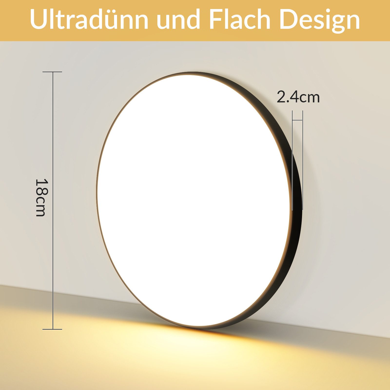 Nettlife LED Deckenleuchte Flach Schwarz 18cm 15W Küchenlampe Rund, LED fest integriert, 3000K Flurlampe für Schlafzimmer Flur – Bild 5 von 5