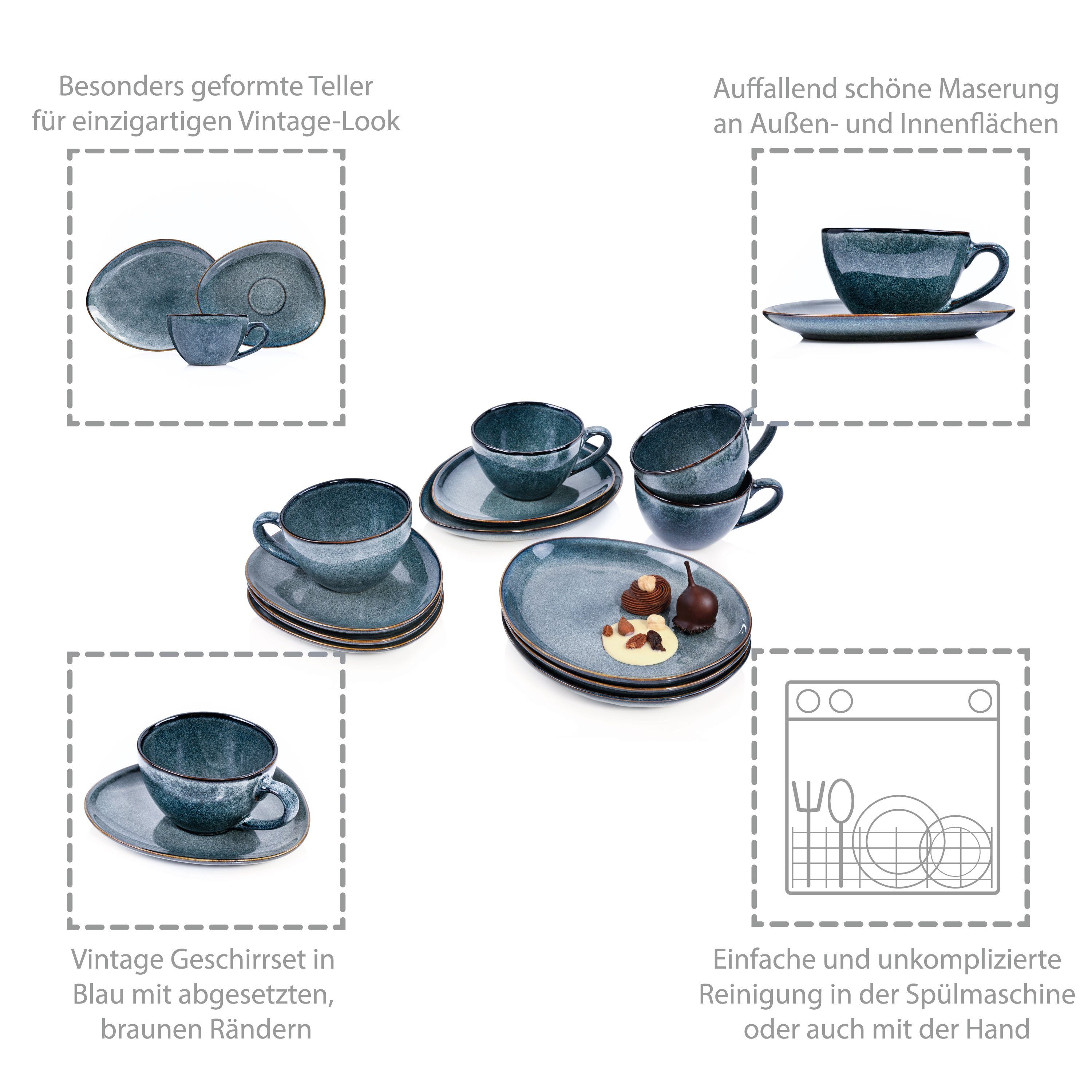 SÄNGER Kaffeeservice Darwin Kaffeetassen Set (12-tlg), 4 Personen, Steingut, Handmade, 300 ml, Blau, Premium Collection