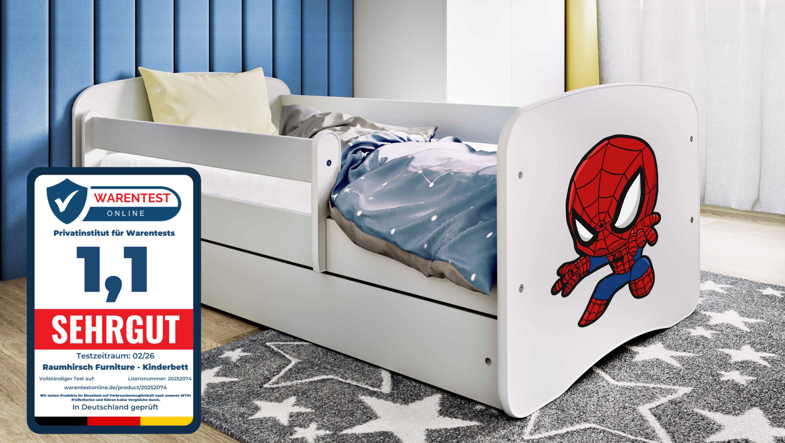 Raumhirsch Furniture Kinderbett 70x140, 80x160, 80x180 cm - Komplettset mit Matratze & Schublade (Bett für Mädchen, Einzelbett für Kinder von 2-12 Jahren, Rausfallschutz und Lattenrost), verschiedene Farben & Designs