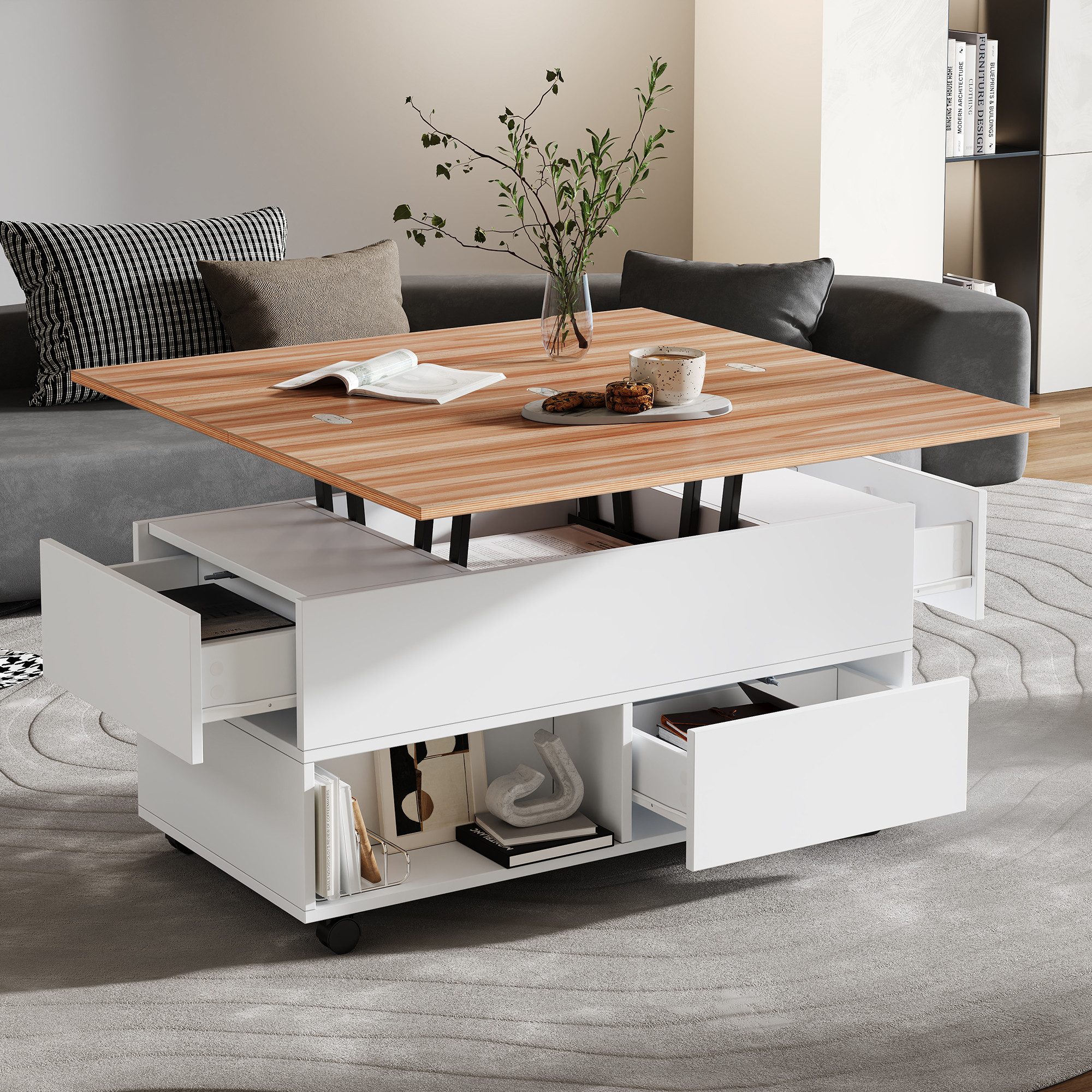 STILVORA Couchtisch mit Rollen,anhebbarer Sofatisch Wohnzimmertisch mit Schubladen,Weiß