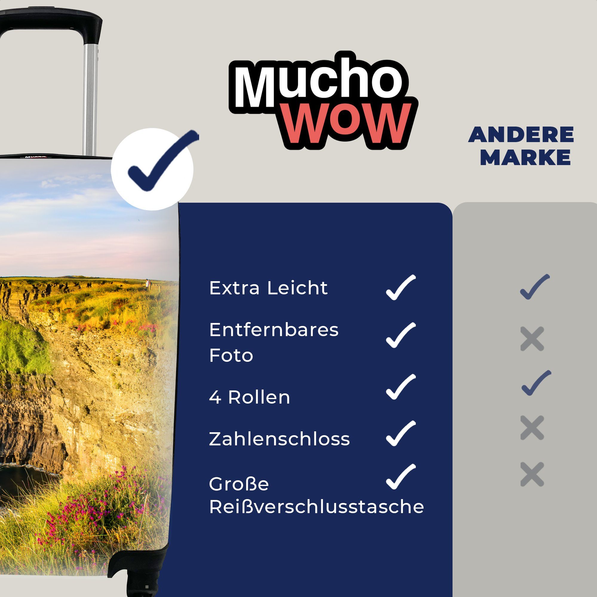 MuchoWow Handgepäckkoffer Kalkstein von Ferien, Handgepäck den 4 Reisetasche Irland, Cliffs Moher mit für of in rollen, Reisekoffer Trolley, Rollen