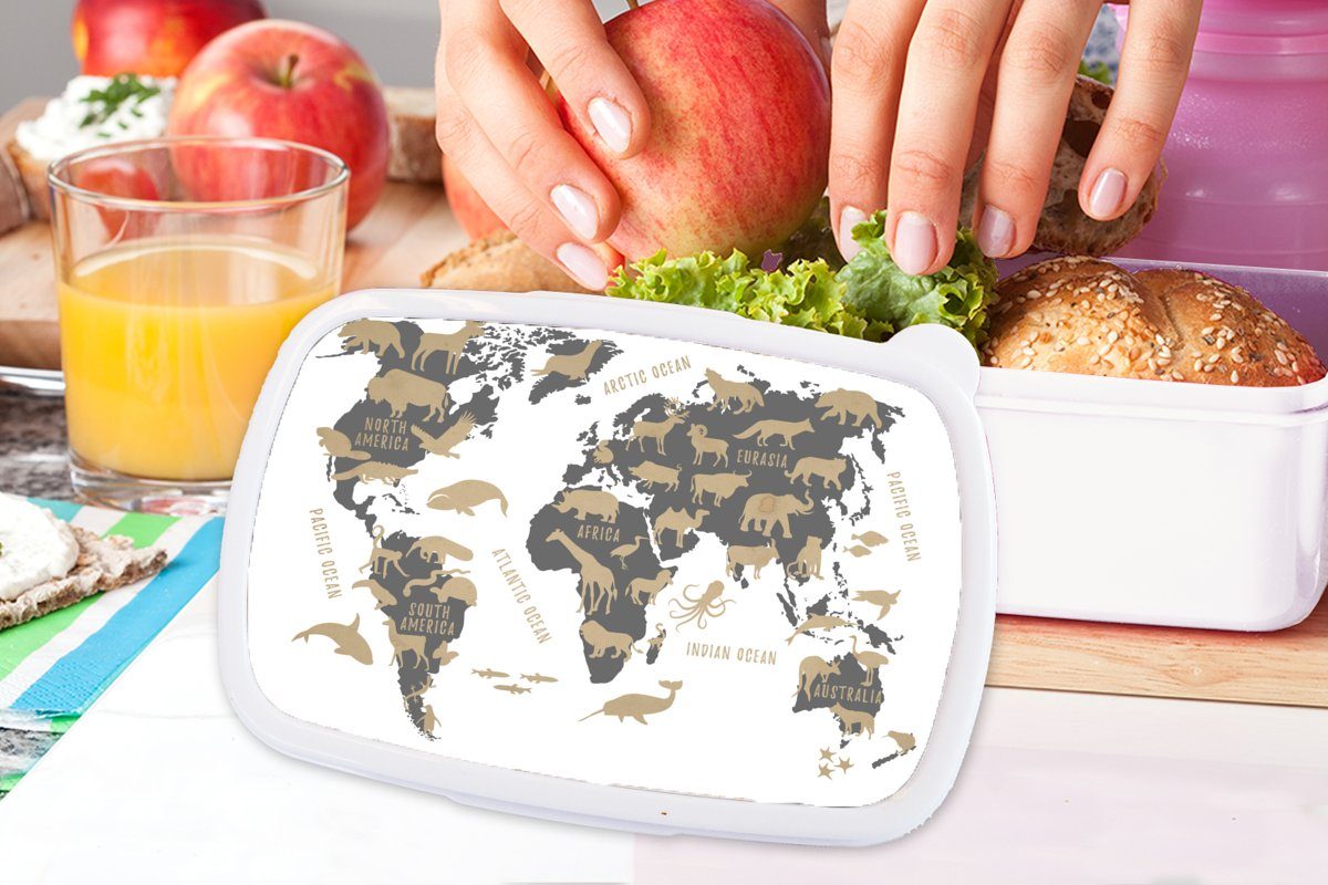 Jungs Weltkarte Grau und Mädchen (2-tlg), Brotbox - weiß Kinder - Lunchbox Kunststoff, Brotdose, Tiere, für MuchoWow und Erwachsene, für