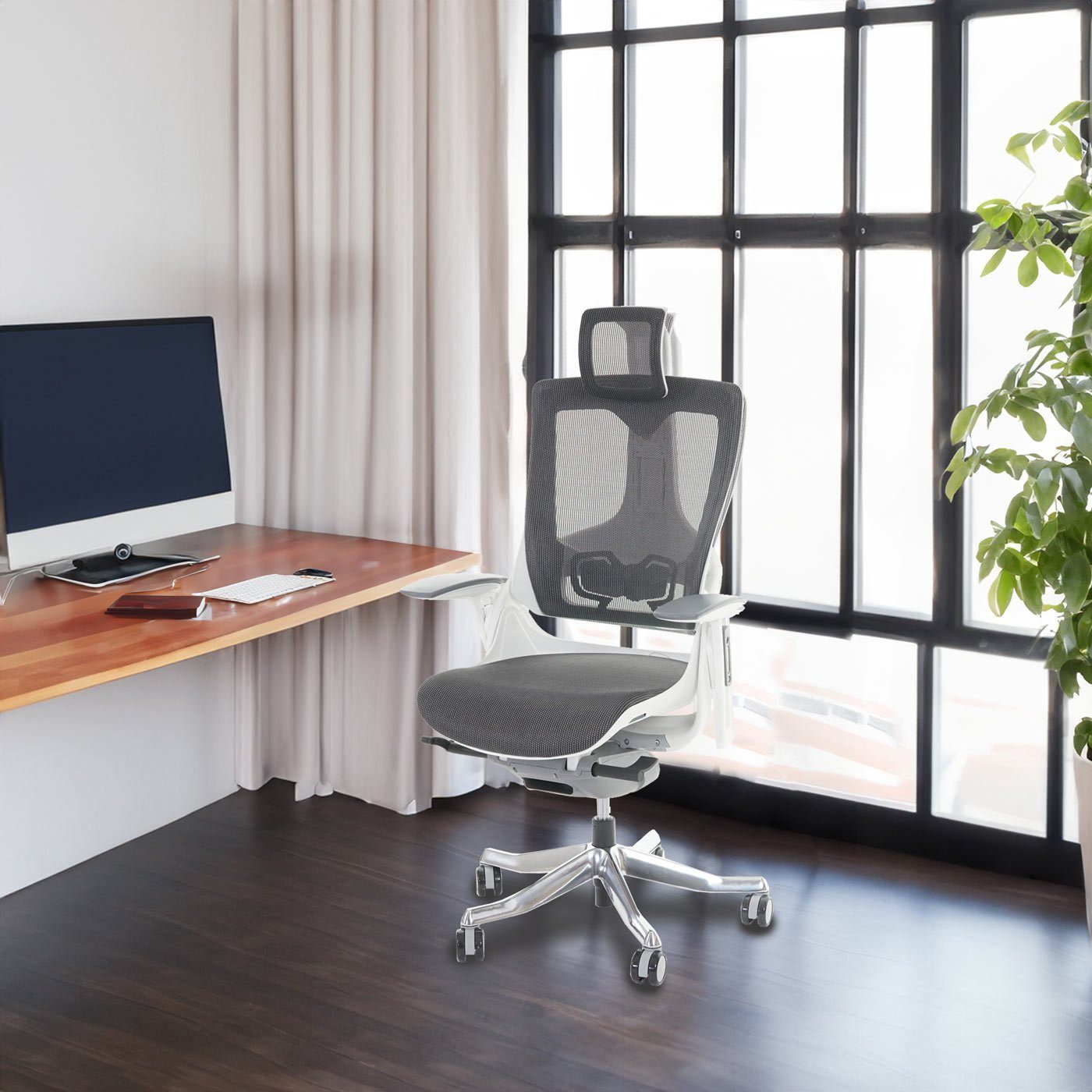 MCW Schreibtischstuhl Adelaide, | Rückenlehne, schwarz-grau Netzbespannung weiß/grau Luftzirkulation für Höhenverstellbare