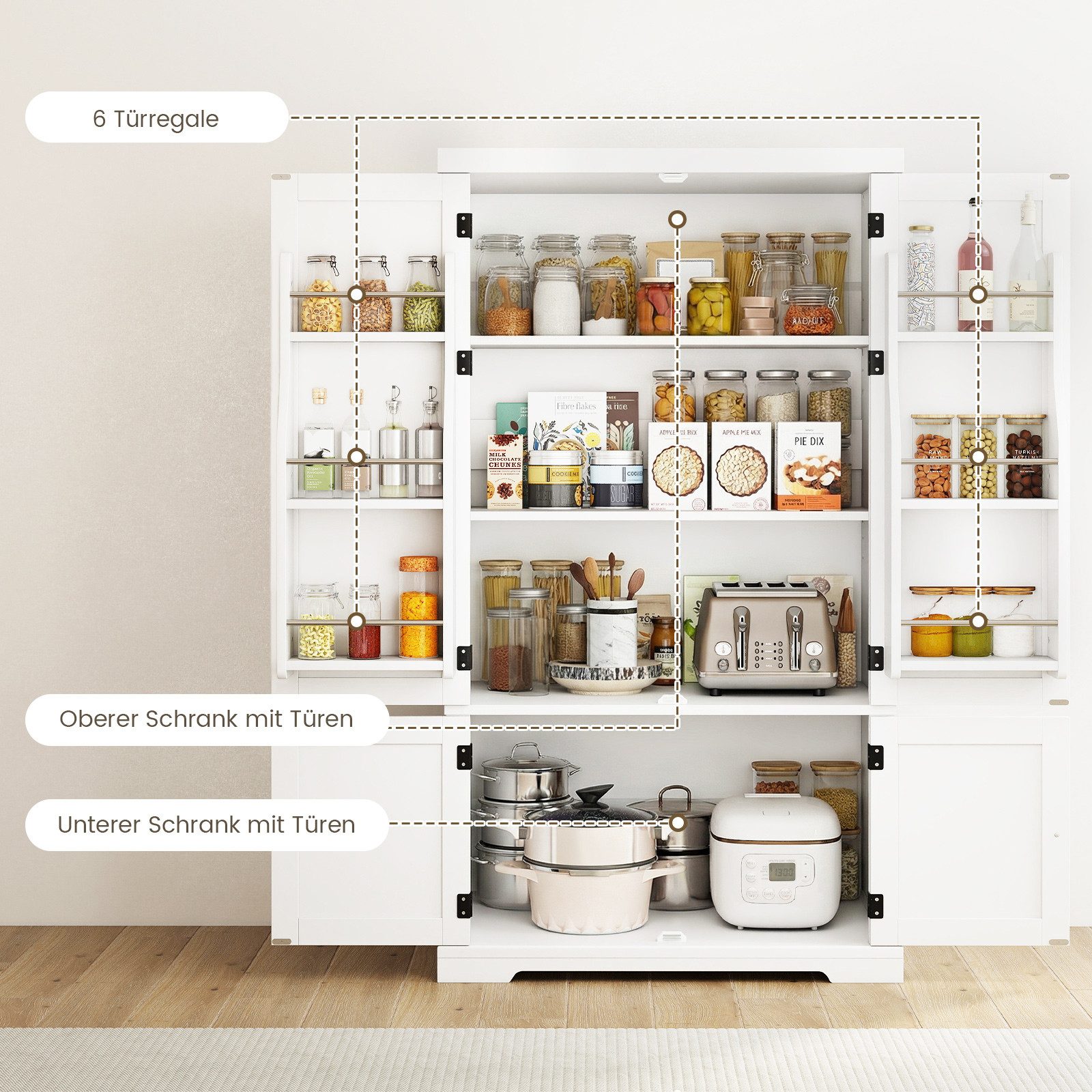 COSTWAY Vorratsschrank Küchenschrank hoch, 139 cm Vorratsschrank weiß