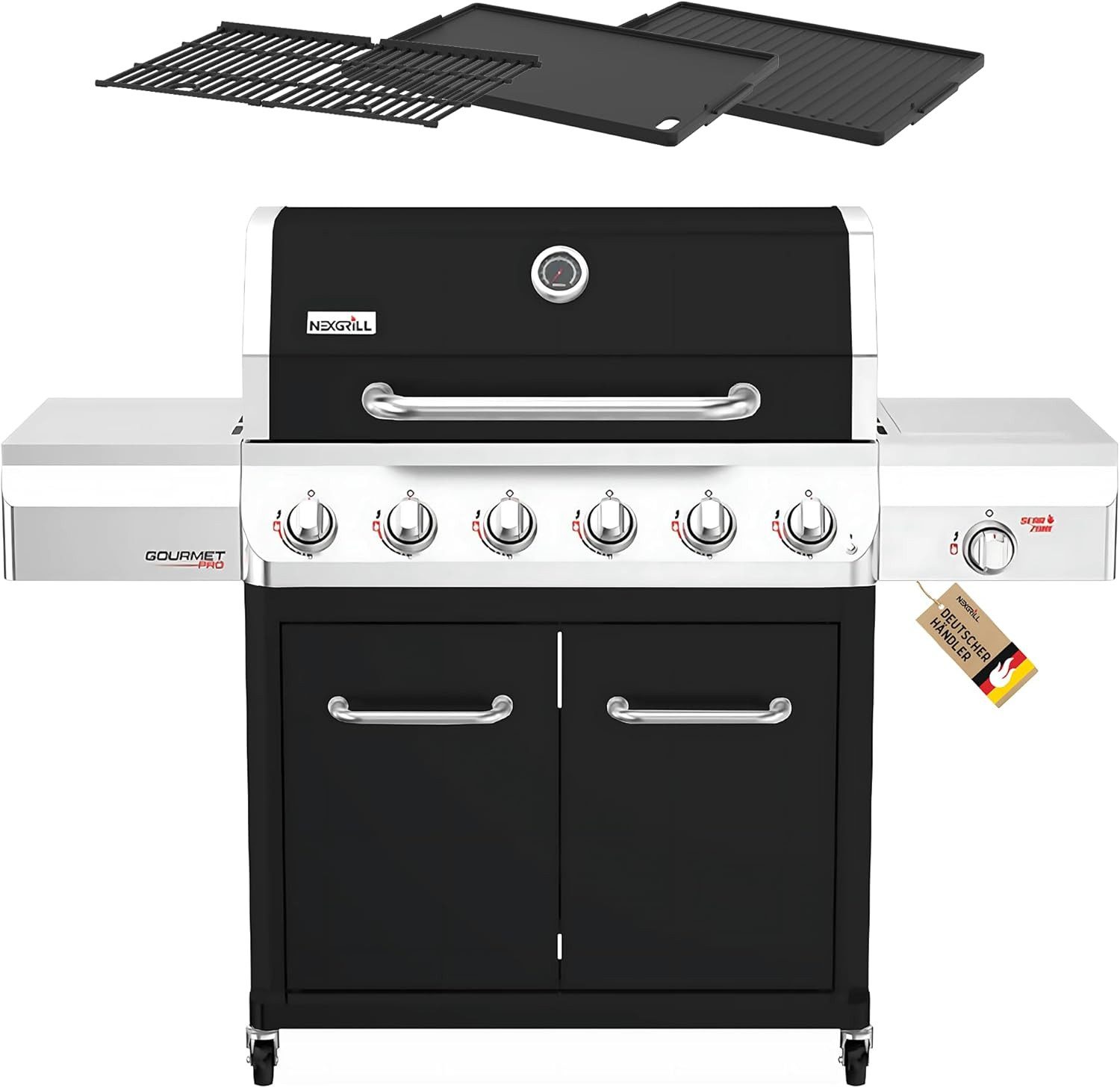 nexgrill Gasgrill 6B Gourmet Pro 6 + 1 Brenner, Keramik-Seitenbrenner & Gusseisen Plancha, 22KW, Griddle Max, Grillwagen, Aufbaumaß: 152x57x121 cm