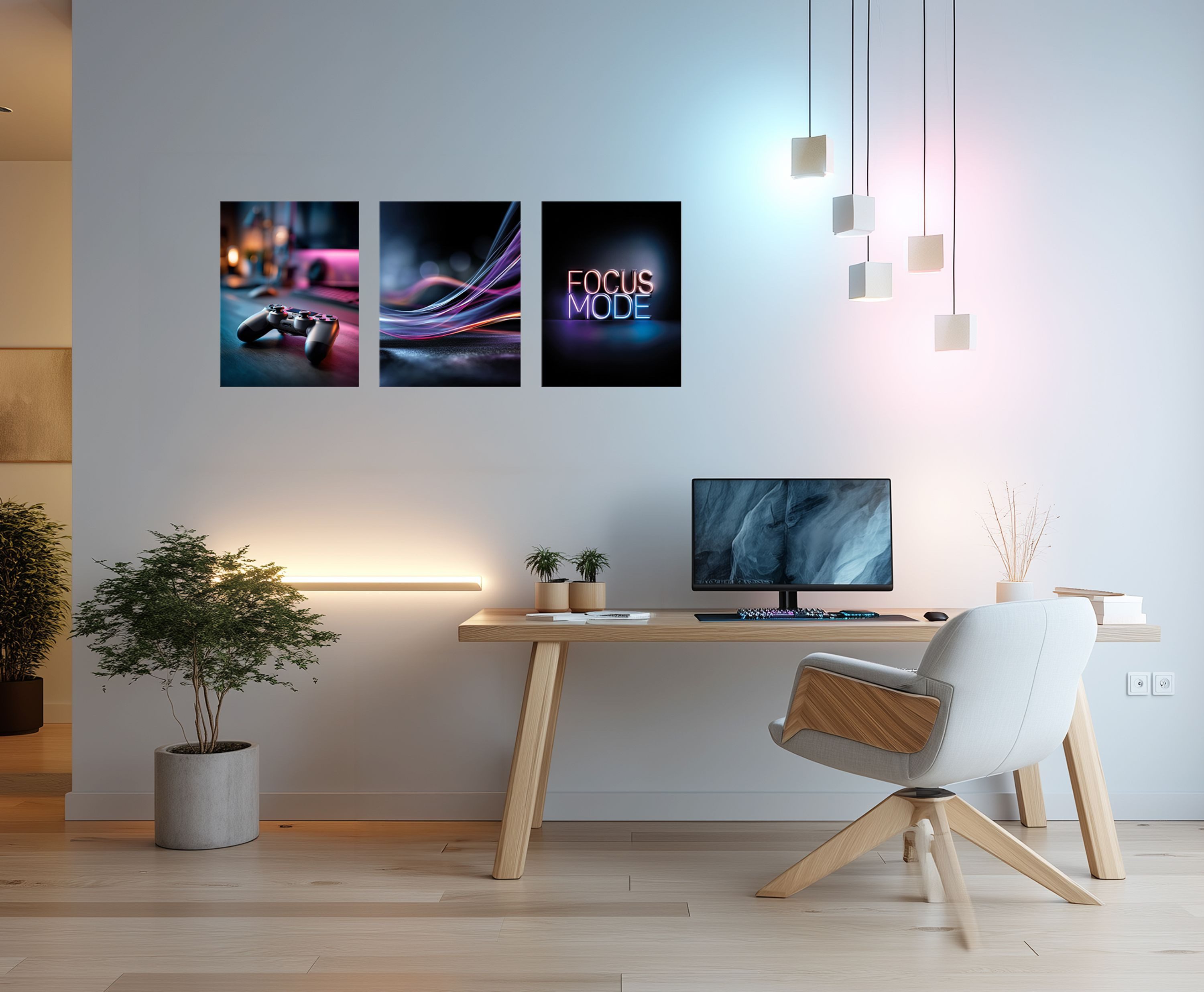 artissimo Mehrteilige Bilder Wandbilder-Set 3er-Set / Gaming Wanddeko / Jugendzimmer, Gaming: Neon Setup in blau lila schwarz