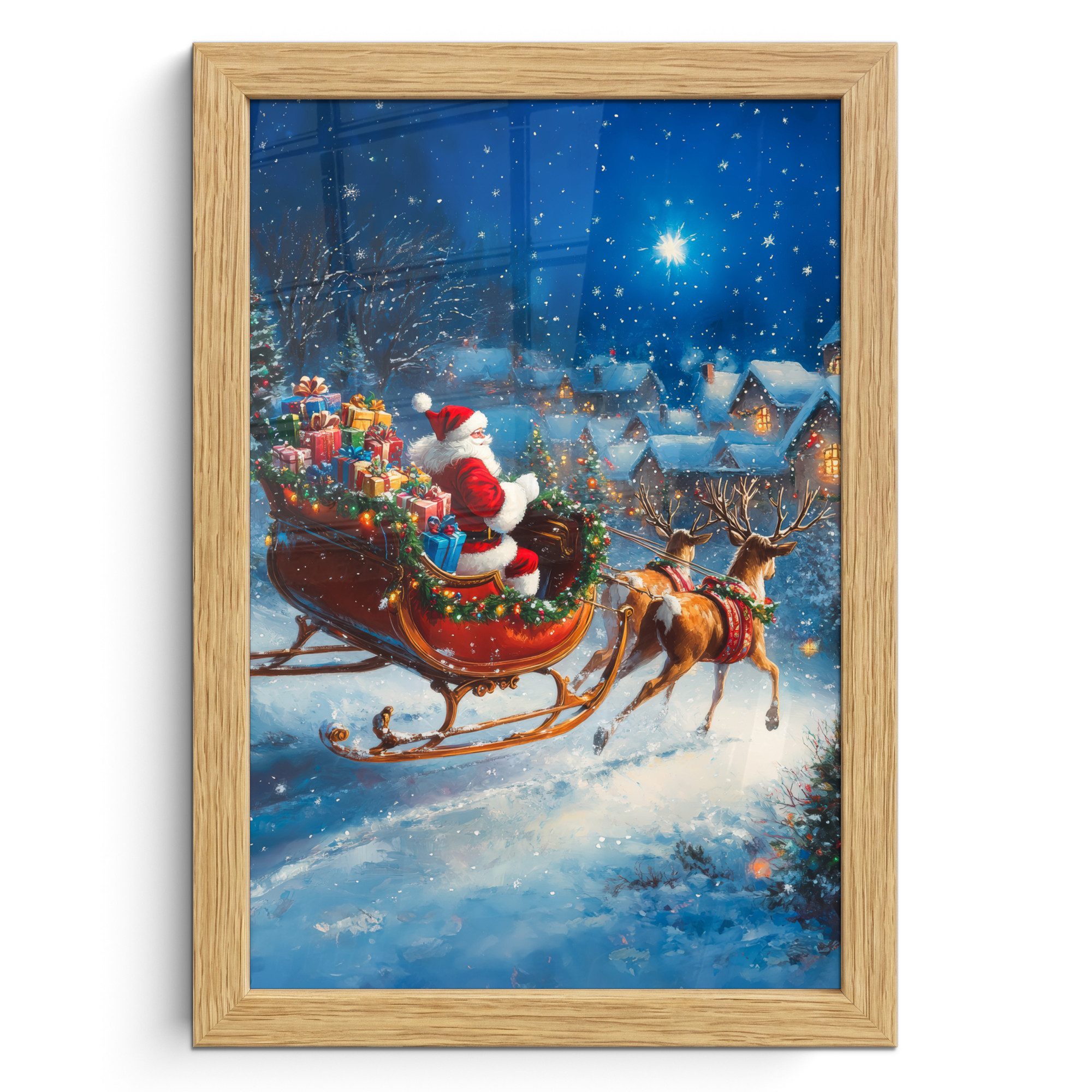 MuchoWow Poster Weihnachtsmann - Rentier - Weihnachten - Schnee, (1 St), Bilderrahmen, Zimmer Deko, Bild für Wohnzimmer, 20x30 cm