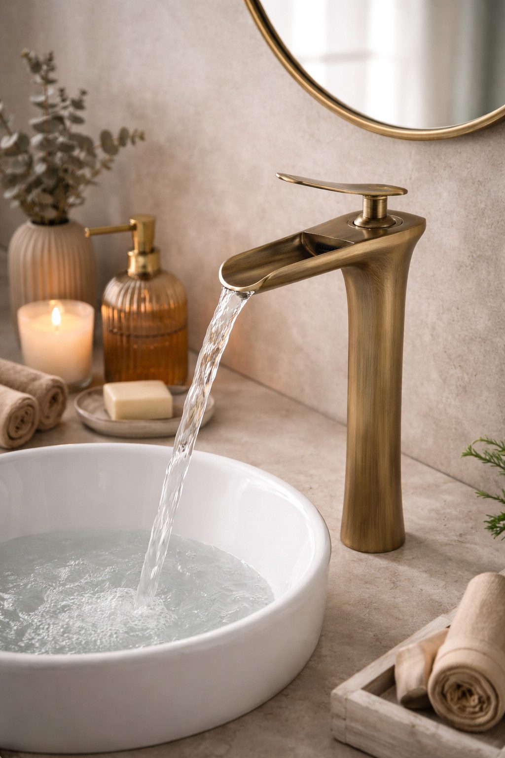 wohnwerk.idee Badarmatur Retro-Waschtischarmatur Hoch, Wasserfall-Auslauf, Edelstahl, antik