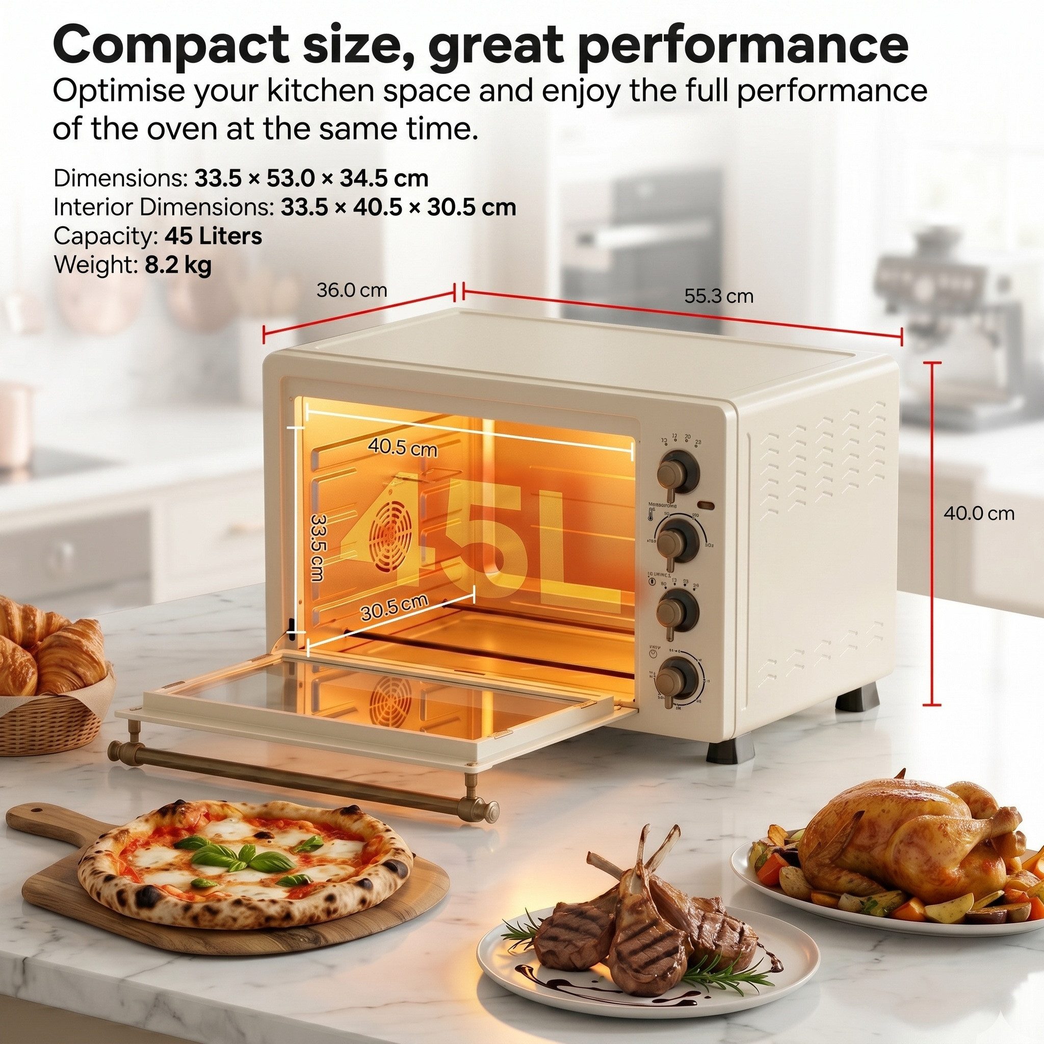 TurboTronic by Z-Line Minibackofen 2000 W 45 l Mini Backofen Retro mit Umluft Drehspieß Grill Pizzaofen, Tischbackofen, kleiner Backofen, Mini Ofen, freistehend, Retro Design