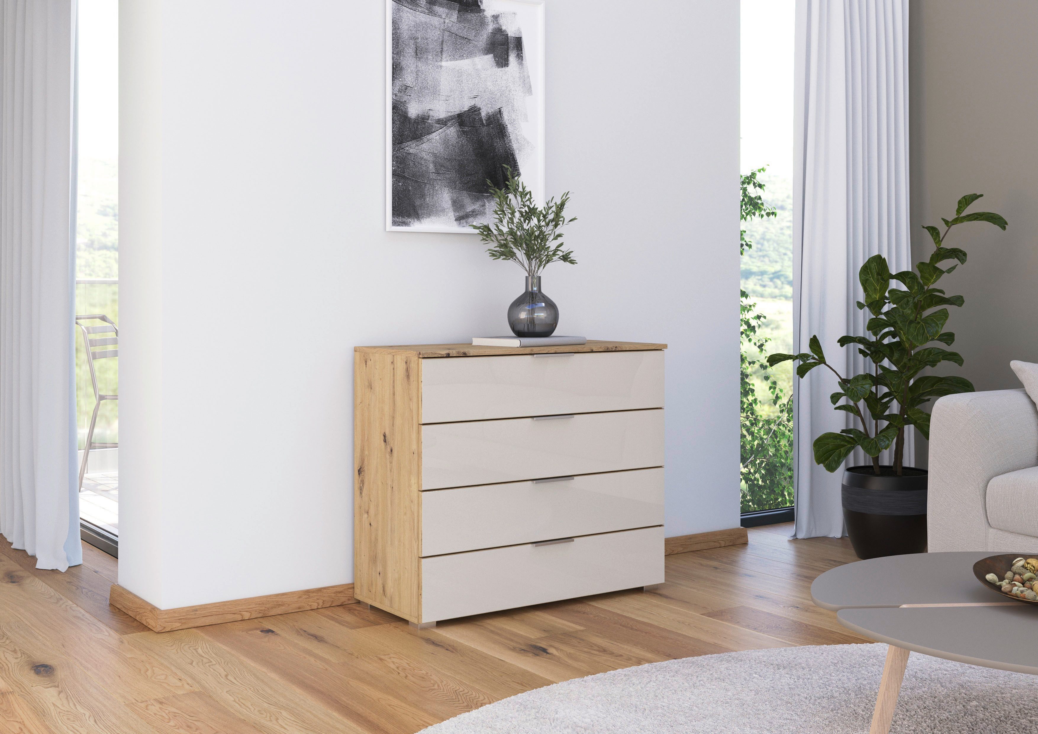 OTTO home Schubkastenkommode Sideboard Schubladenkommode Schubladenkommode AGORDO mit Glasfront (in zwei Griff-Farben, Breite 80 cm), vier große und geräumige Schubladen mit viel Stauraum MADE IN GERMANY