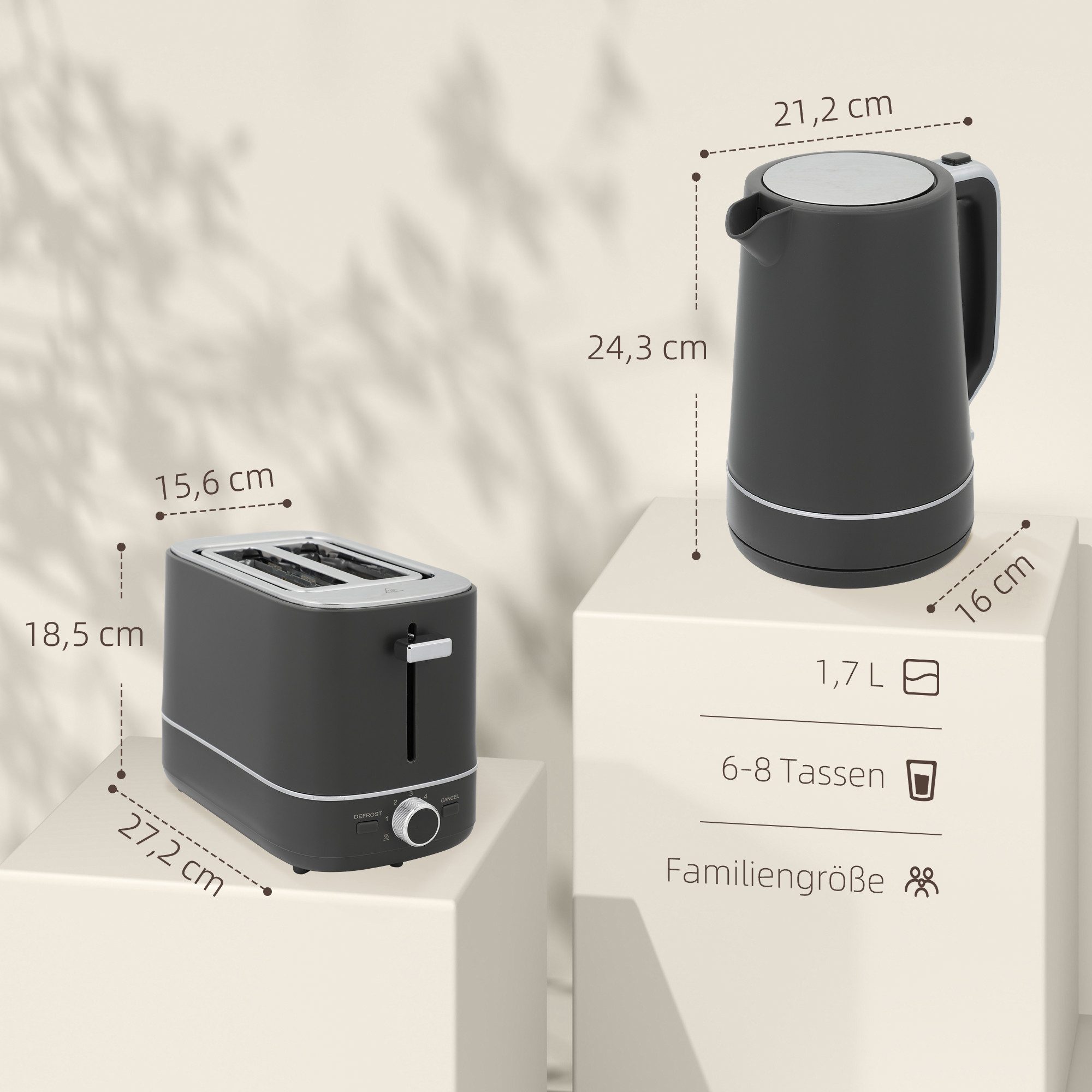 HOMCOM Toaster Set aus 1,7 L, 2 Schlitze, für 2 Scheiben, 2200 W, Wasserkocher und Toaster mit 6 Bräunungsstufen, Stahl, Grau
