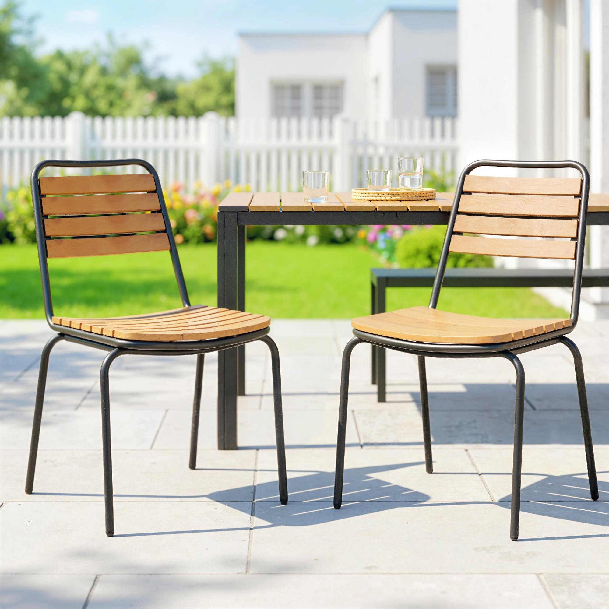 Outsunny Gartenstuhl Gartenstühle Stahl stapelbar Terrassenstuhl bis 160 kg belastbar (Stapelstuhl, 2 St), für Hinterhof, Garten, Balkon Naturholz