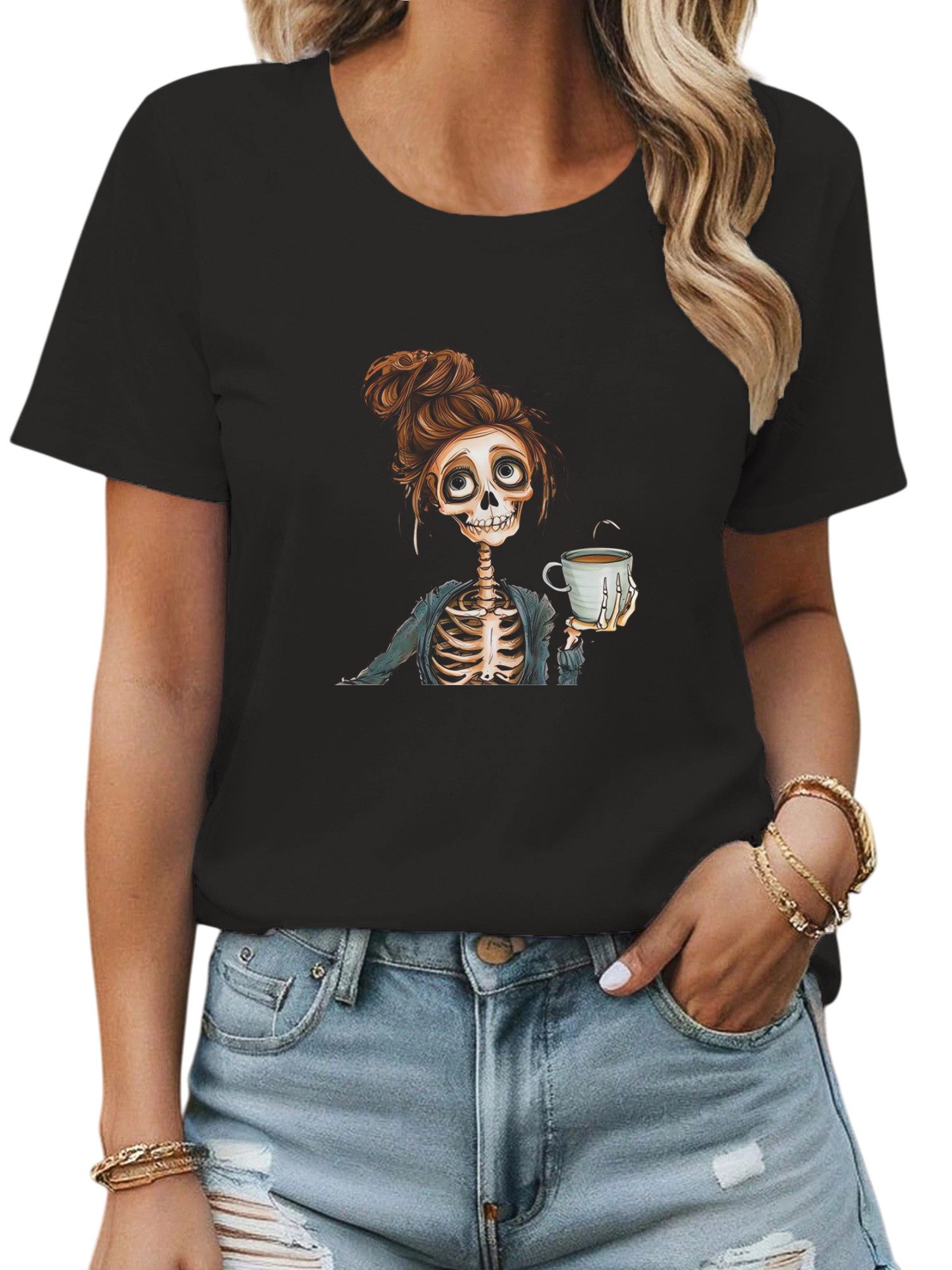 Kurzarmbluse Damen Sommer Kurzarmbluse Locker Kaffee-Mädchen Print-Shirt
