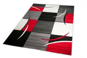 Teppich Designer Teppich Moderner Teppich Wohnzimmer Teppich Kurzflor Teppich mit Konturenschnitt Karo Muster Rot Grau Weiß Schwarz, Teppich-Traum, rechteckig, Höhe: 13 mm