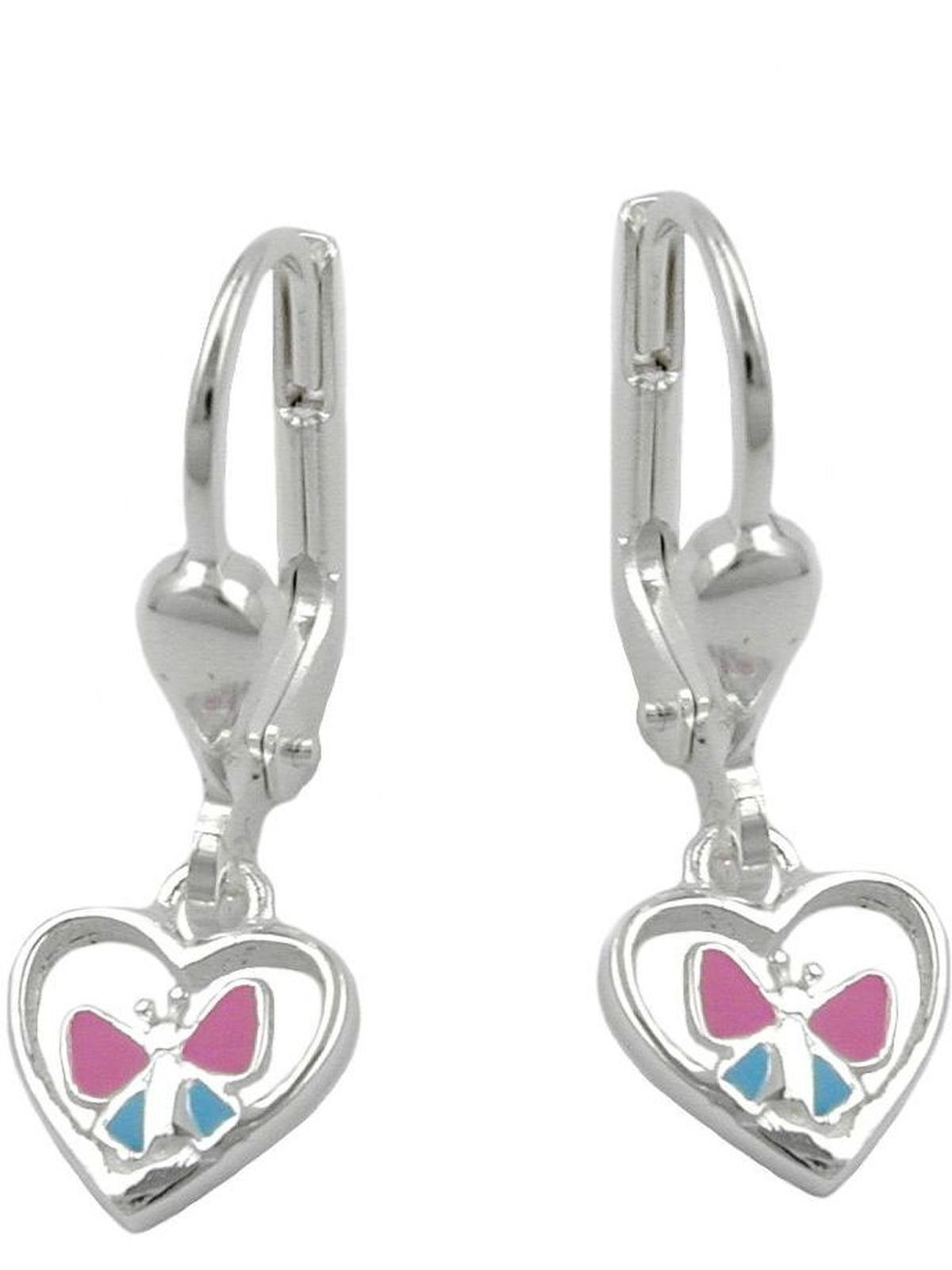 Paar Ohrhänger 23x7mm Ohrring Herz mit Schmetterling hellblau pink lackiert Silber 925