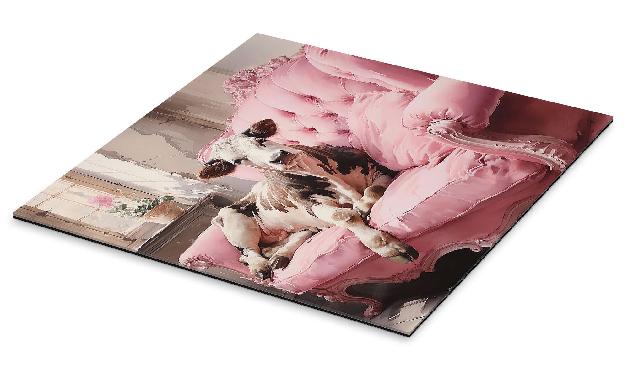 Posterlounge Wandbild Süße Kuh auf rosa Couch, Ryley Gray, erhältlich als Poster, Leinwandbild, Wandsticker oder Acrylglasbild