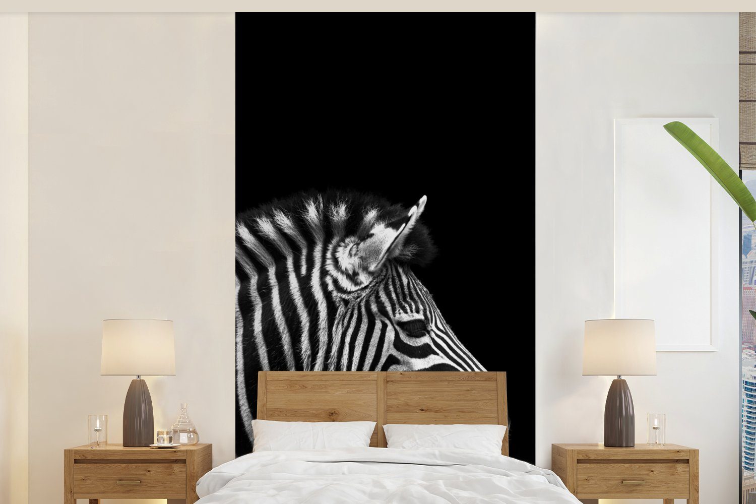 - Weiß Schlafzimmer Porträt bedruckt, MuchoWow - Vliestapete Schwarz Küche, - (2 St), Fototapete Zebra Fototapete Tiere, Matt, - Wohnzimmer für