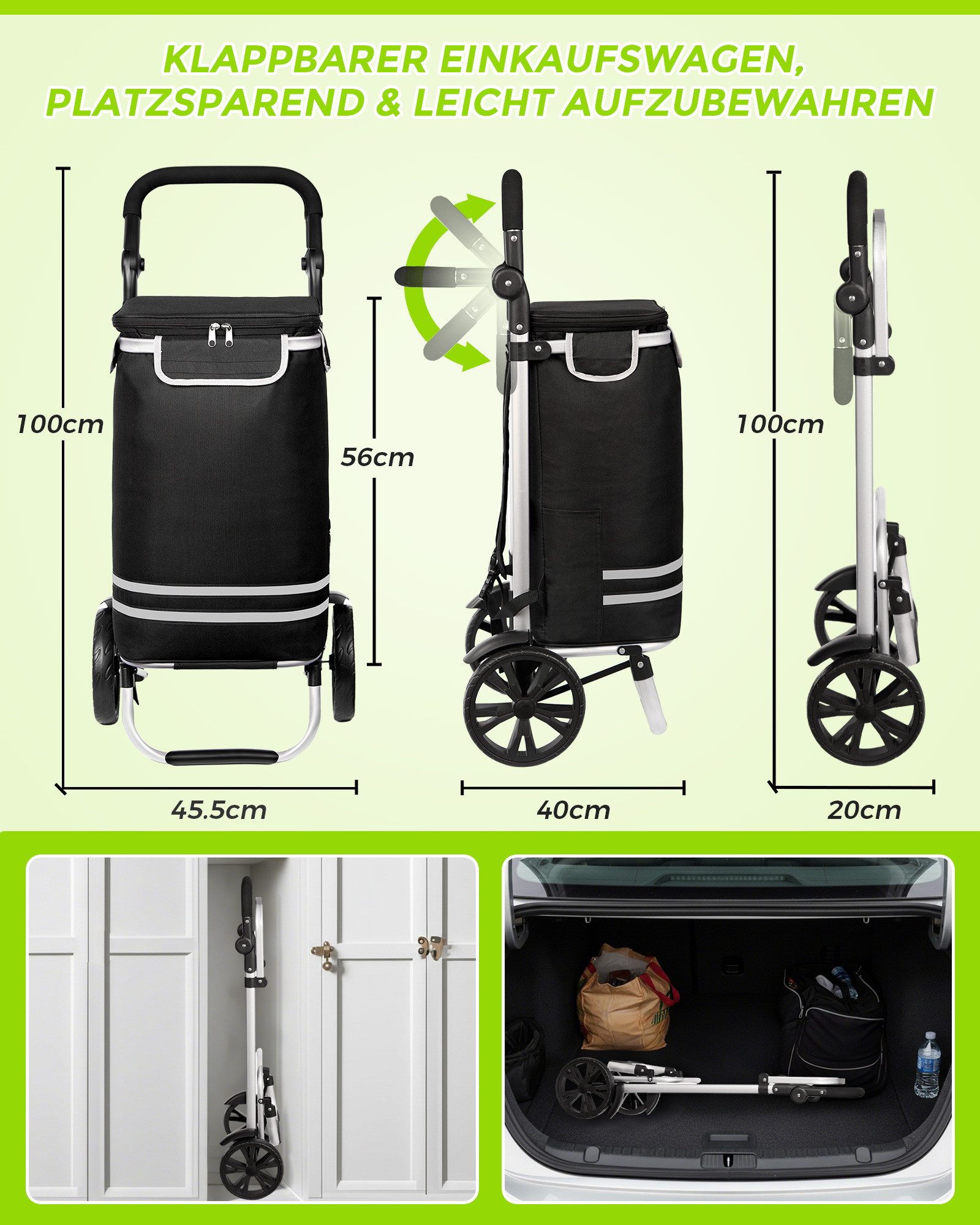 Oak&Tea Einkaufstrolley 3 in 1 Klappbarer Einkaufswagen mit Kühlfach, 56 l, Faltbarer Transportwagen, Wasserdicht, Rucksackfunktion bis 50KG