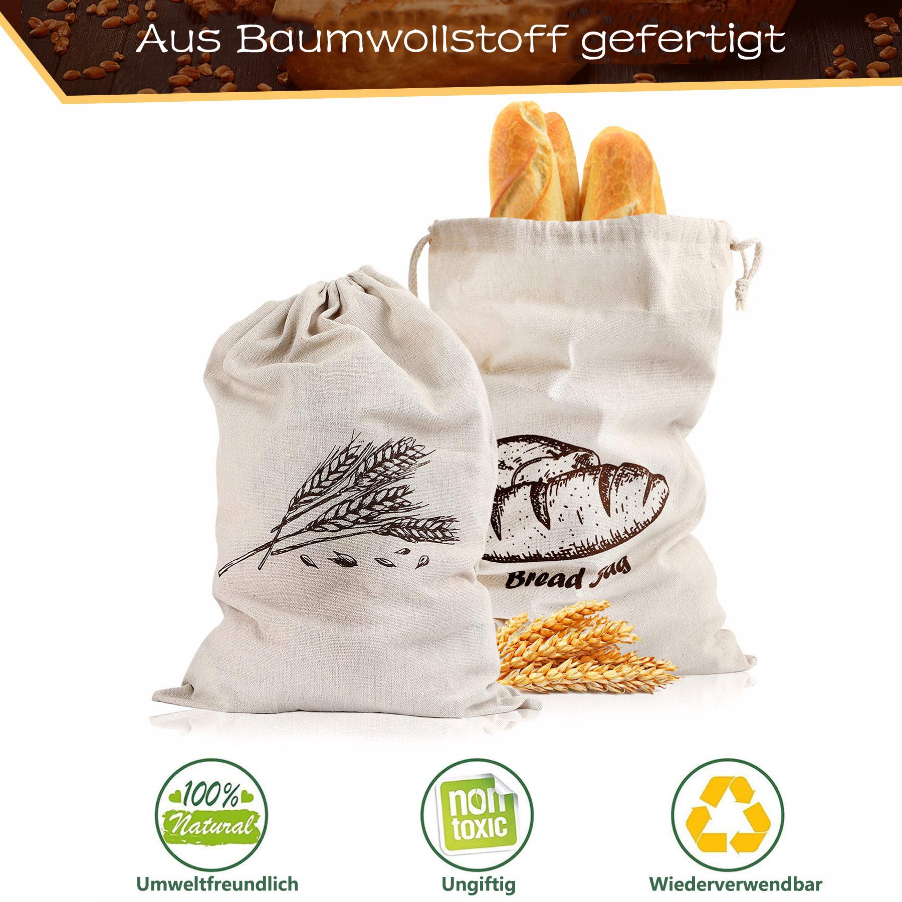 Agger Brottasche Leinen-Brotbeutel für selbstgebackenes Brot 45cm×30cm – 4 Stück, (4-tlg), Wiederverwendbar, große Aufbewahrung für handwerkliches Brot – Bild 4 von 5