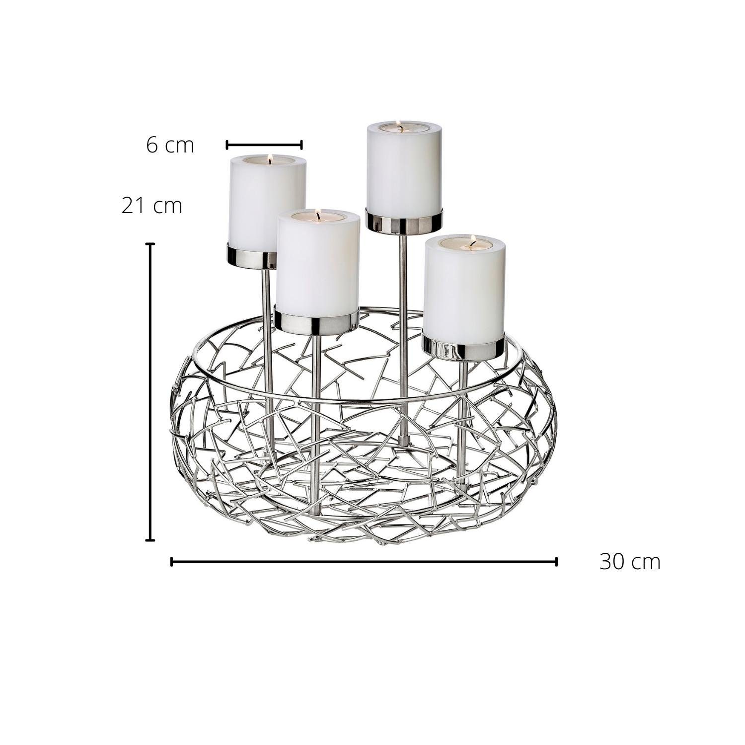 EDZARD Adventskranz Milano Up, (30 6 Stumpenkerzen, cm, für Kerzenkranz Kerzenhalter Tischdeko Silber-Optik, für mit á Adventsleuchter Ø 4 als vernickelt als Kerzen cm) Weihnachtsdeko