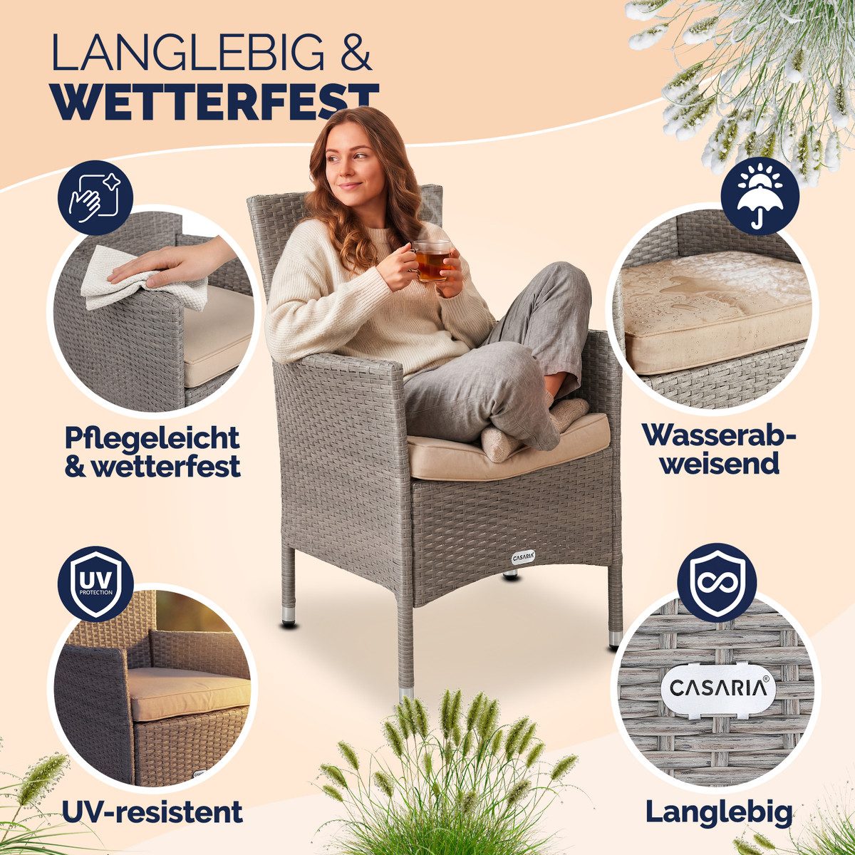 Casaria Gartenstuhl (2 St), Polyrattan 2er Set Stapelbar 7cm Auflagen 160kg Belastbarkeit