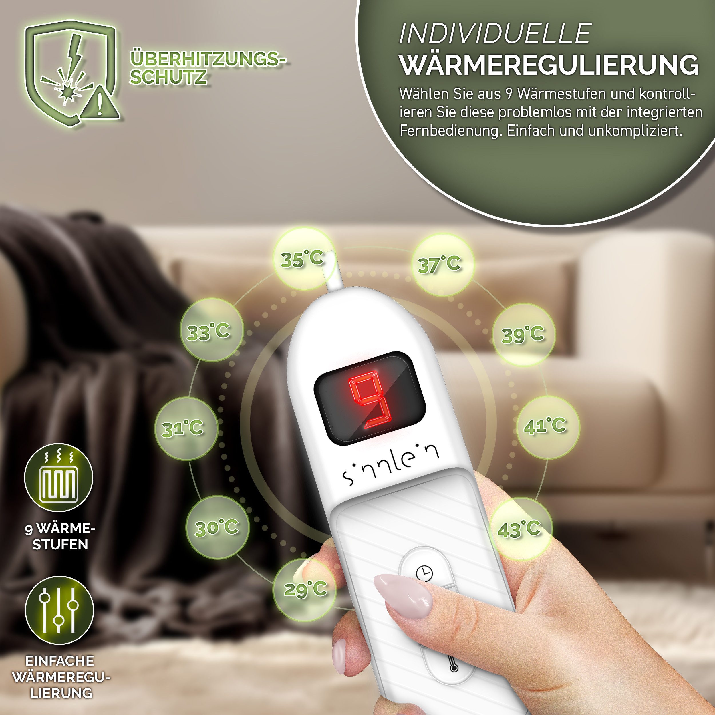 sinnlein Heizdecke Heizdecke elektrisch Wärmeunterbett XXL Wärmedecke Abschaltautomatik, Heizdecke aus Plüsch, Timerfunktion, 9 Temperaturstufen, waschbar bis 40°C, Digitalanzeige