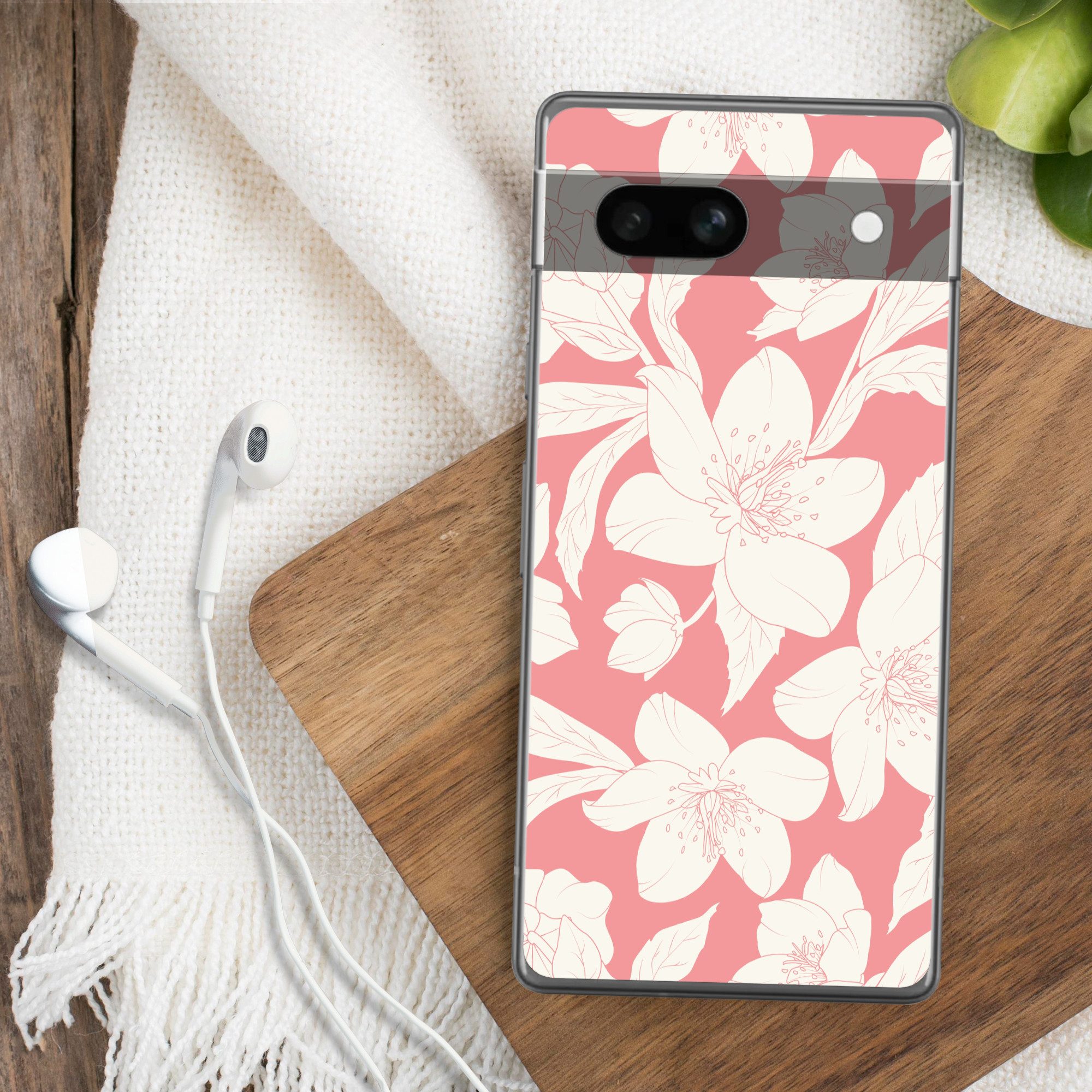 MuchoWow Handyhülle für Google Pixel 7a Blumen - Muster - Rosa - Weiß, Handy Case, Silikon, Bumper Case Dünn