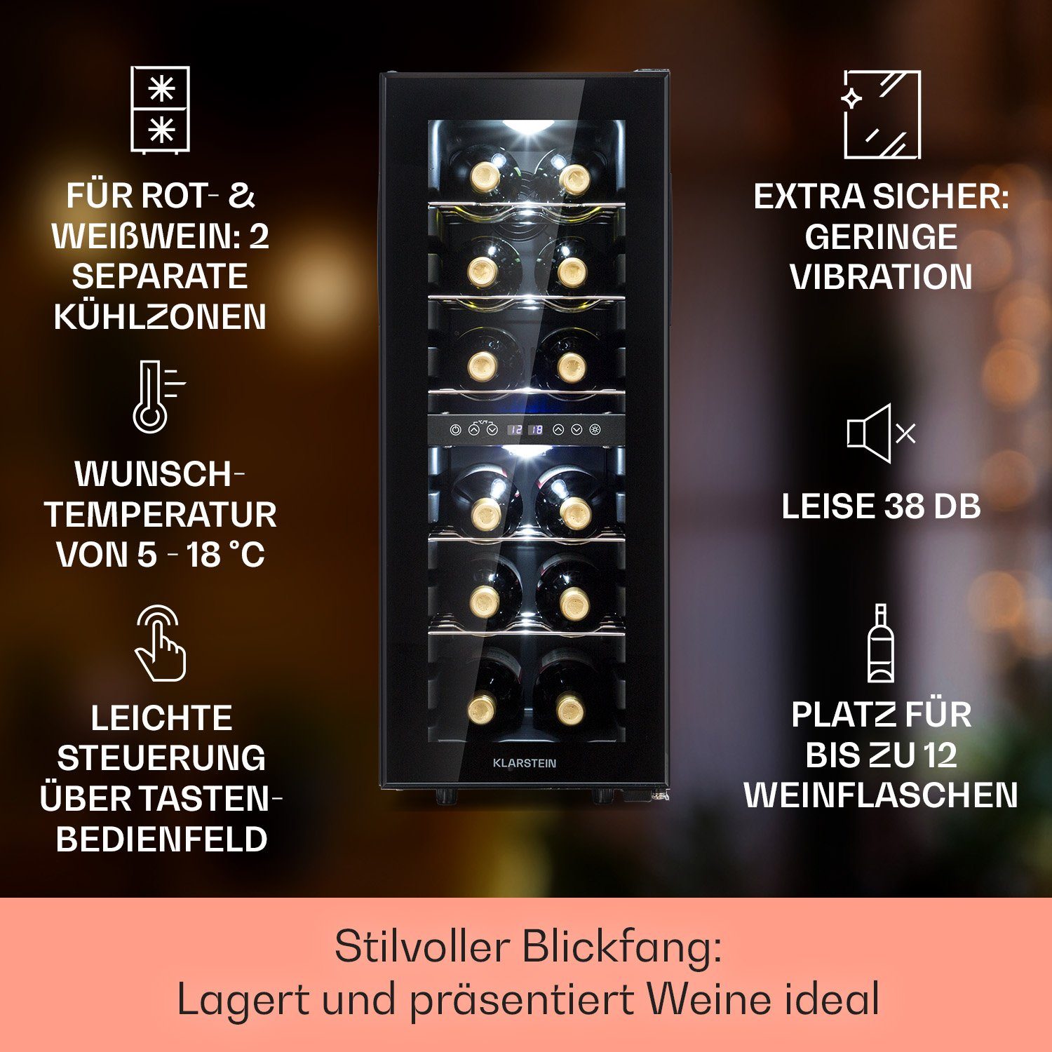 Klarstein Weinkühlschrank Shiraz 12 Duo Weinkühlschrank 2 Zonen 12 Fl 42L 5-12/12-18°C Touch, für 12 Standardflaschen á 0,75l,Flaschenkühlschrank Weintemperierschrank Weinschrank für Rot- & Weiß