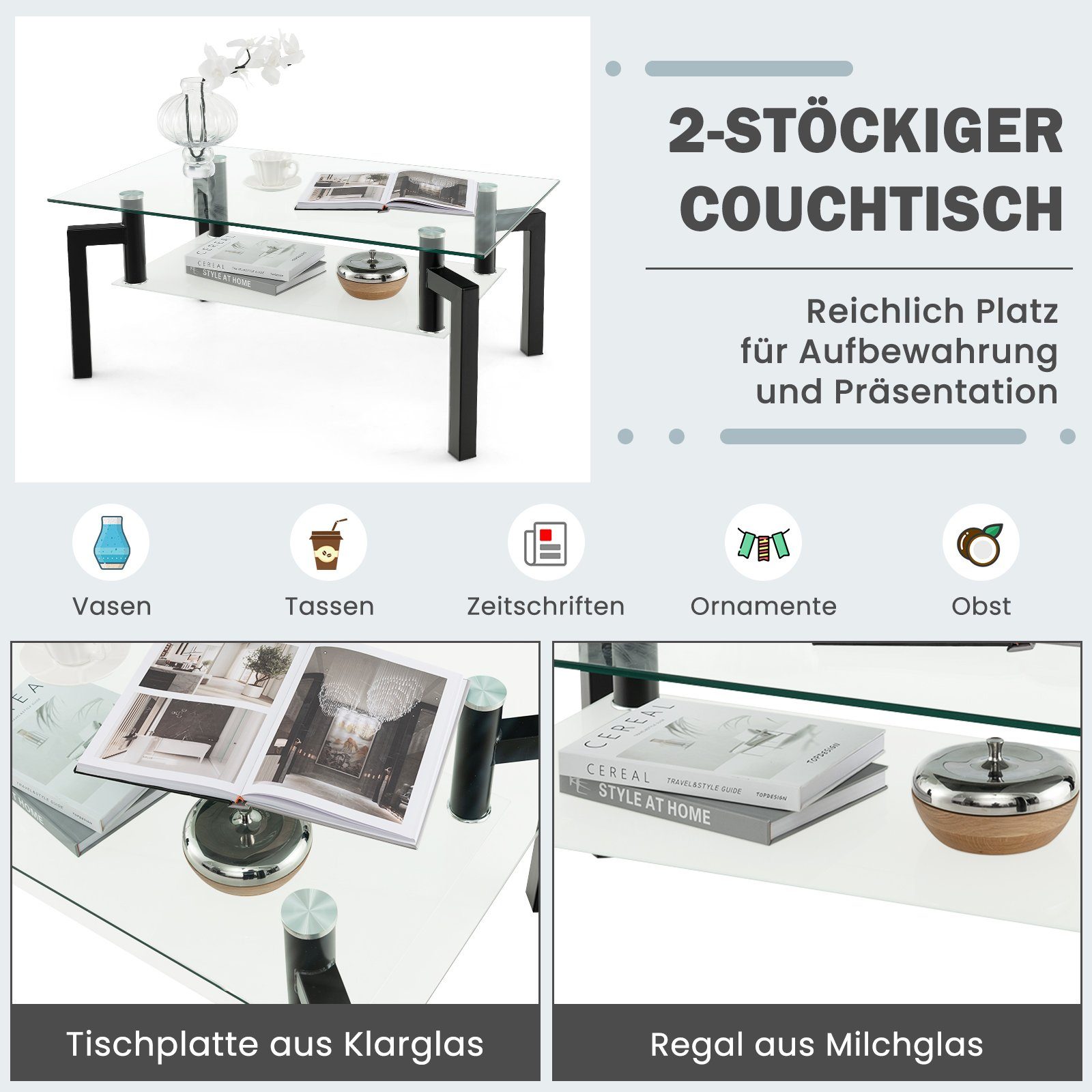 COSTWAY Couchtisch, mit gehärtetem Glas Tischplatte, günstig online kaufen