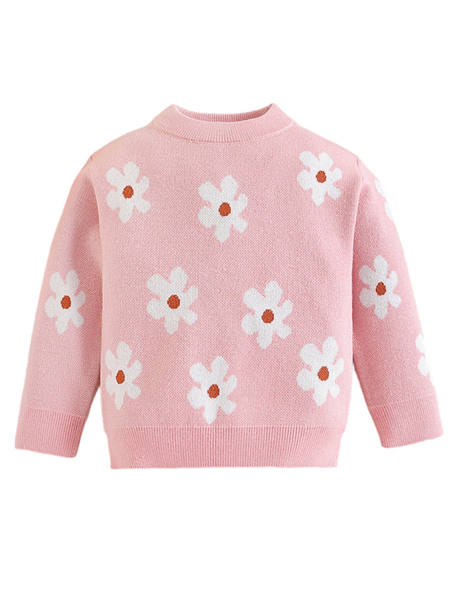 LAPA Rundhalspullover Süßes Langarm Rundhals Strickpullover mit Blumenmuster für Mädchen (1-tlg) Kinderoberteil, Rippbündchen, dehnbarer weicher Pullover